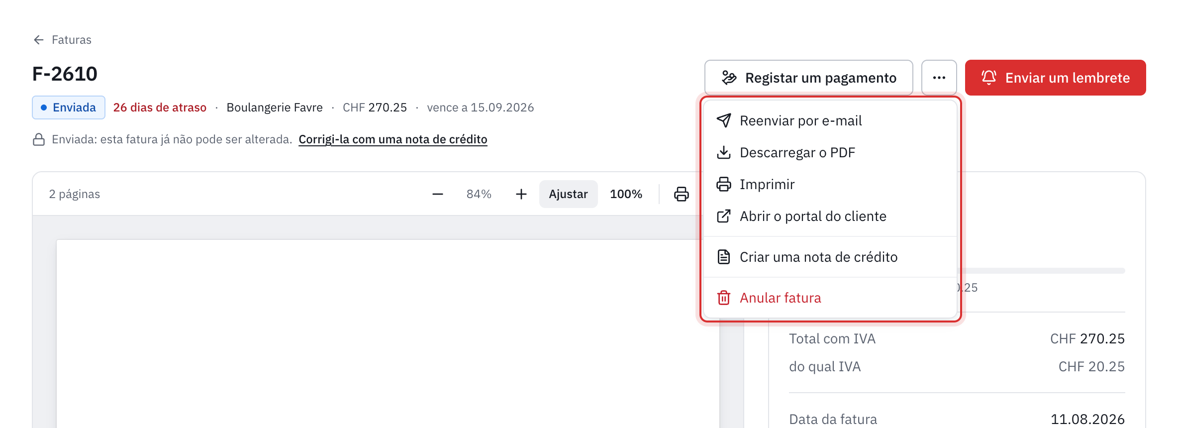 O menu Mais ações de uma fatura enviada: Reenviar por e-mail, Descarregar o PDF, Imprimir, Abrir o portal do cliente, Criar uma nota de crédito e Anular fatura.