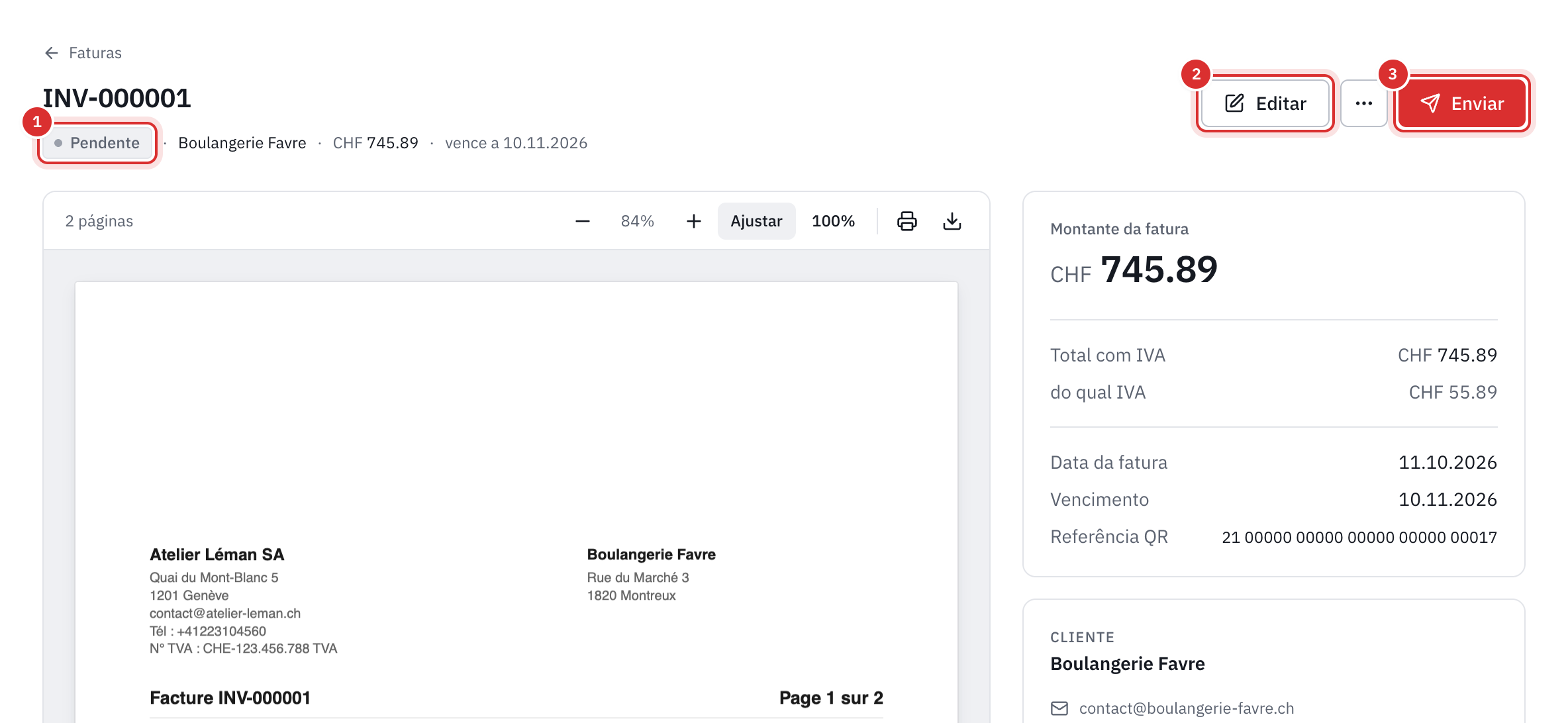 A página de uma fatura pendente: o estado, os botões Editar e Enviar, a pré-visualização do PDF, o montante, as datas e a referência QR.