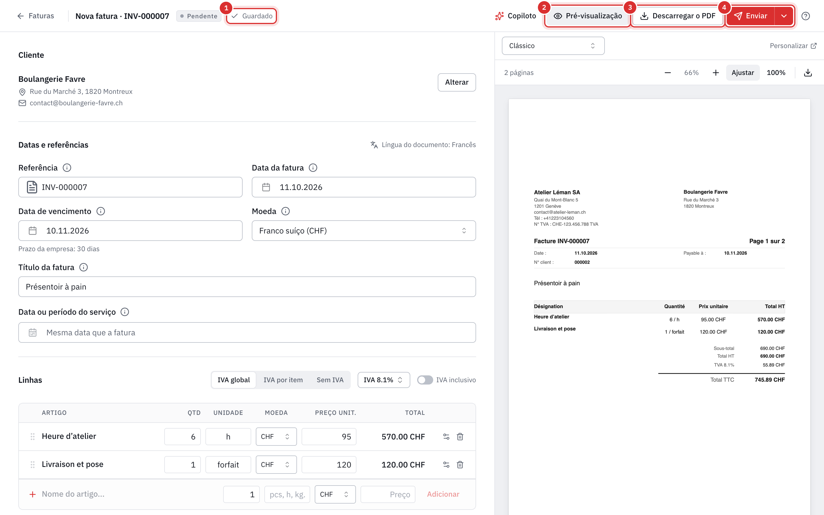 O editor de uma fatura numa única página: no topo, o indicador Guardado e os botões Pré-visualização, Descarregar o PDF e Enviar; à esquerda o cliente, as datas e as linhas; à direita a pré-visualização do PDF.