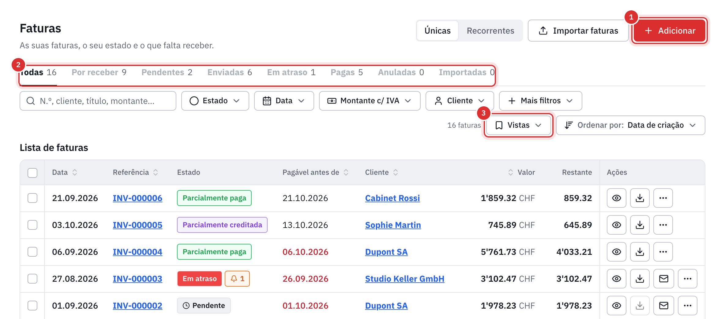 A lista das faturas: o botão Adicionar, os separadores por estado, a barra de filtros e a tabela com a data, a referência, o estado, o vencimento, o cliente, o montante e o valor em falta.