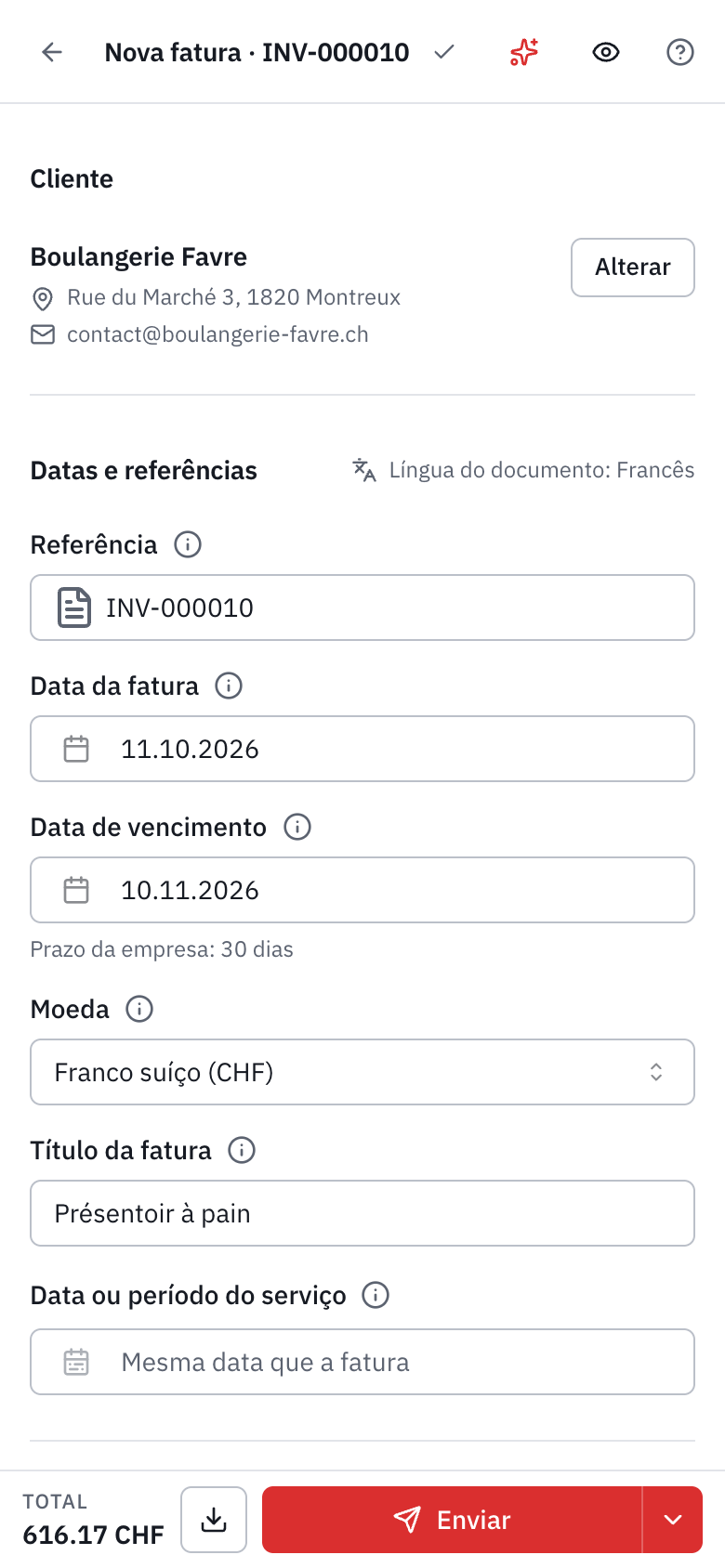 O editor num telemóvel: o cliente e as datas numa coluna, o olho da pré-visualização no topo e, em baixo, o total, a descarga e o botão Enviar.