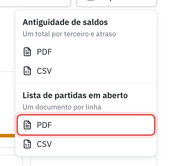 O menu Exportar: Antiguidade de saldos em PDF ou CSV, Lista de partidas em aberto em PDF ou CSV.