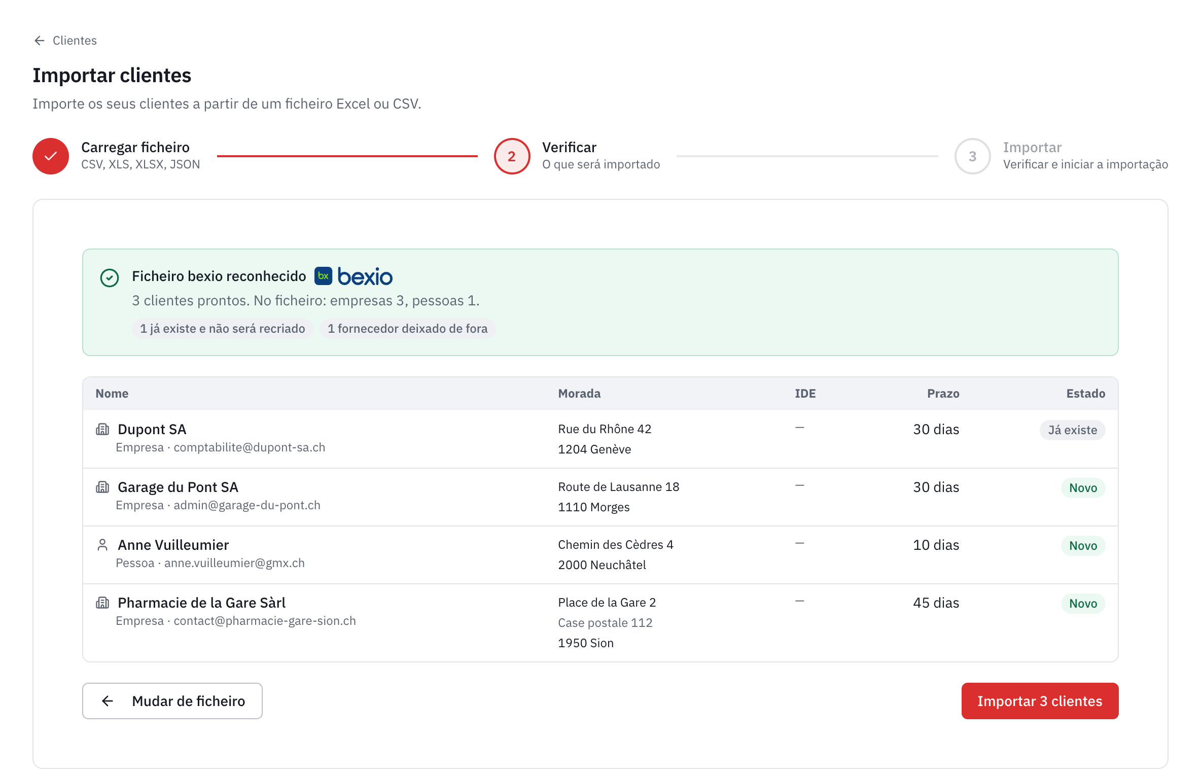 A pré-visualização da importação de uma exportação de contactos do bexio: ficheiro reconhecido, um cliente já existente, um fornecedor deixado de fora e três clientes novos com o endereço e o prazo de pagamento.