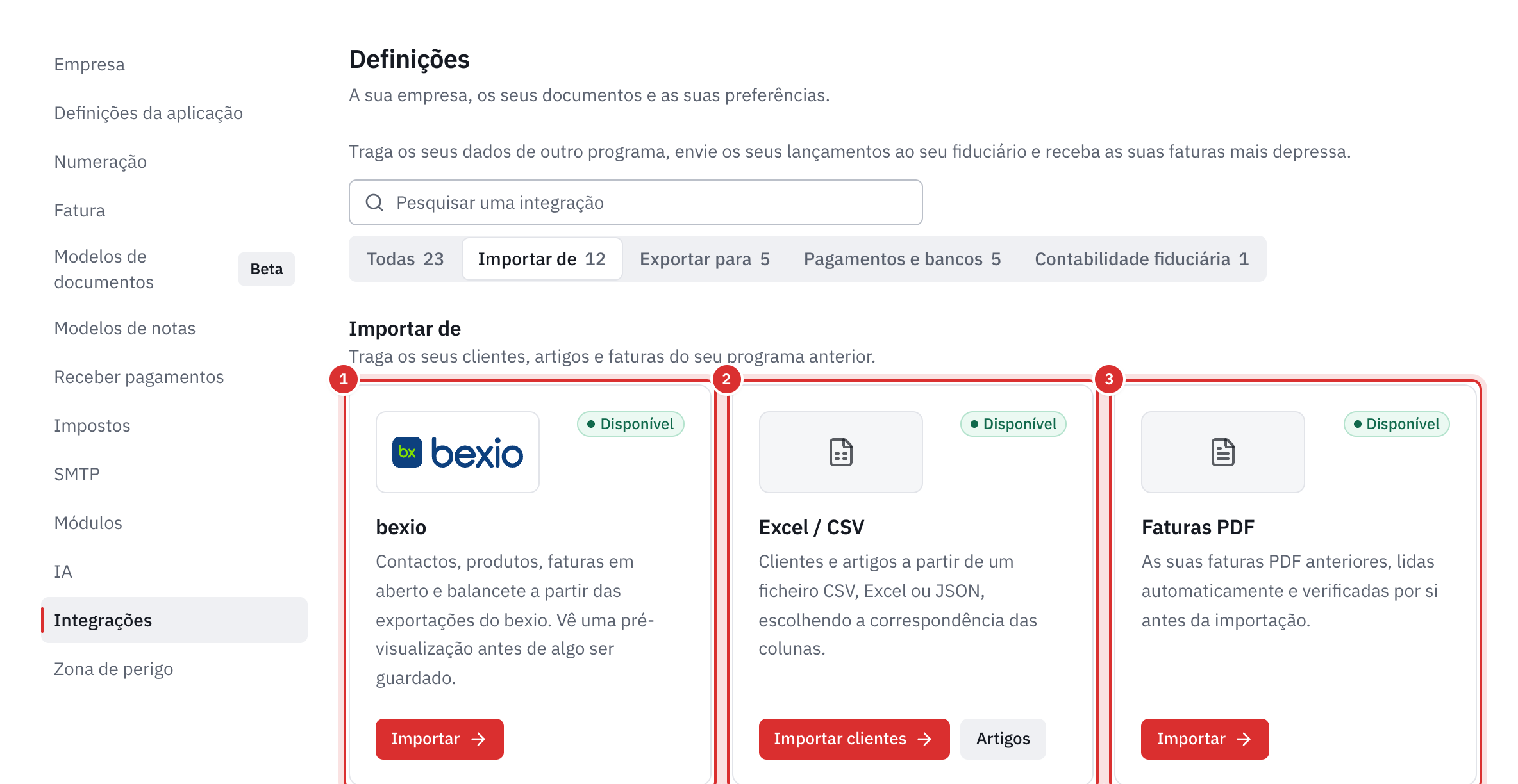 Definições, Integrações, categoria Importar de: os cartões bexio, Excel / CSV e Faturas PDF, disponíveis.