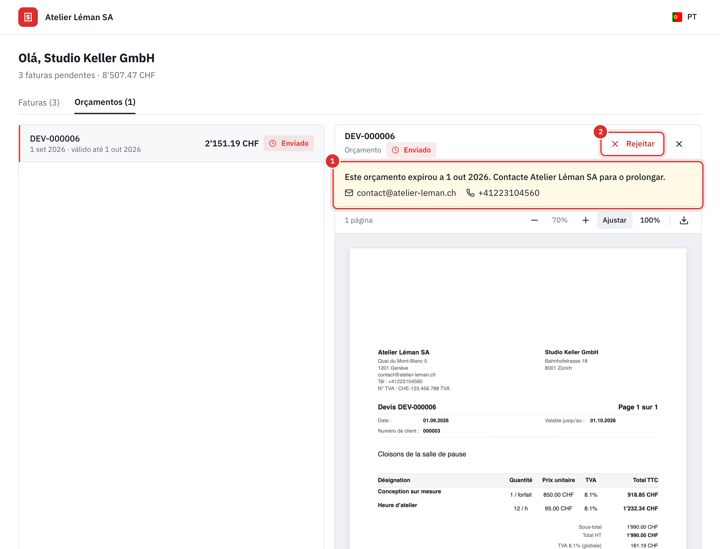 Um orçamento expirado aberto no portal do cliente: em vez de Aceitar, a mensagem Este orçamento expirou a 01 out 2026. Contacte Atelier Léman SA para o prolongar., com o e-mail e o telefone da empresa, e o botão Rejeitar.