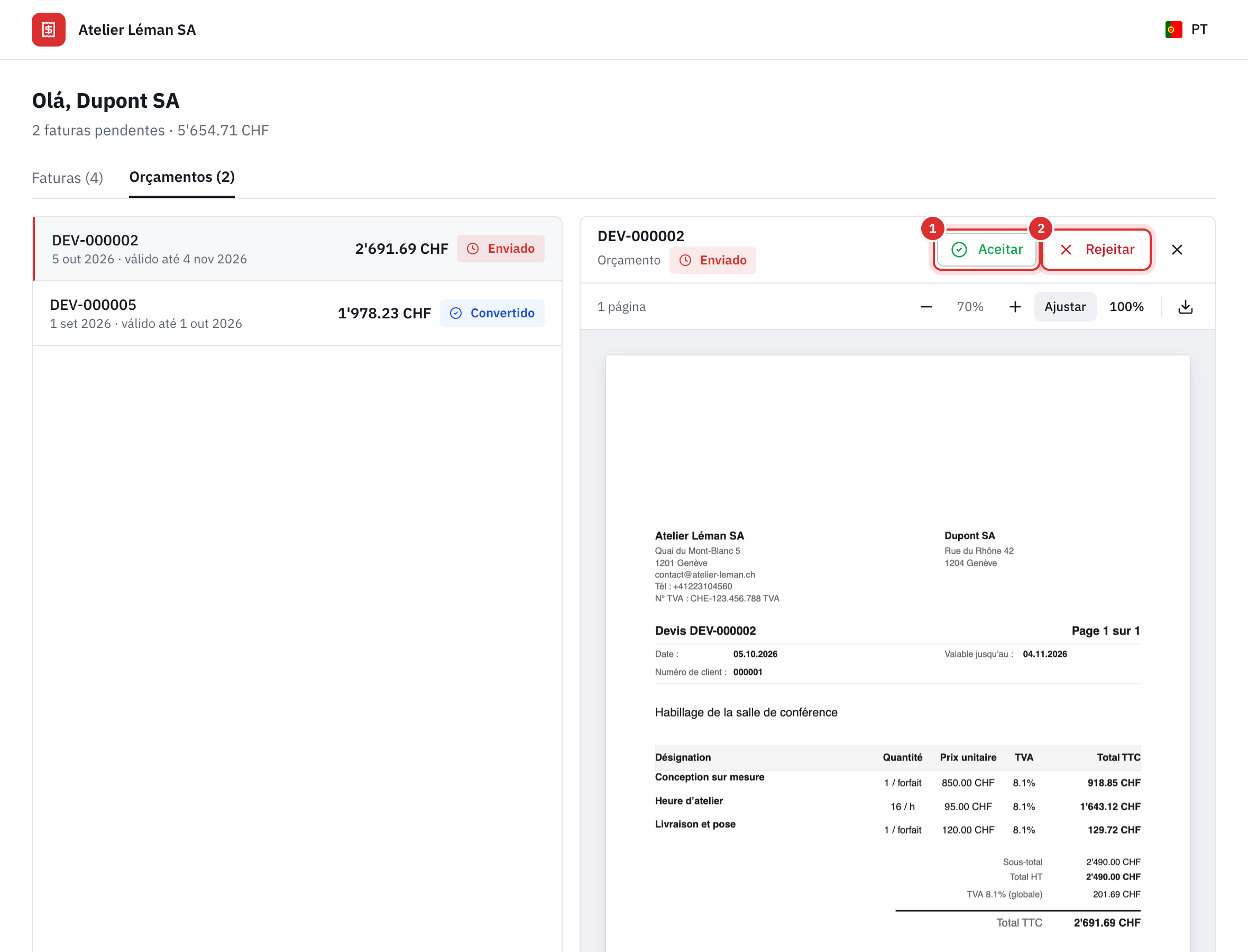 Um orçamento enviado aberto no portal: os botões Aceitar e Rejeitar, e o PDF do orçamento ajustado à largura, com o número de páginas, o zoom e a descarga.
