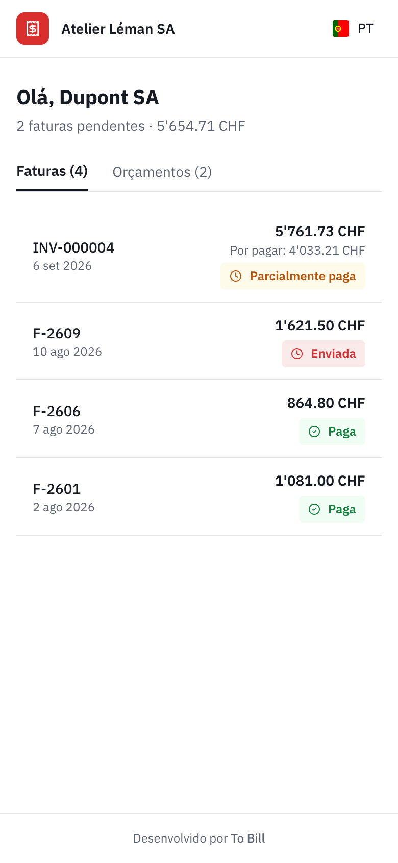 O portal do cliente num telemóvel, com a lista das faturas.