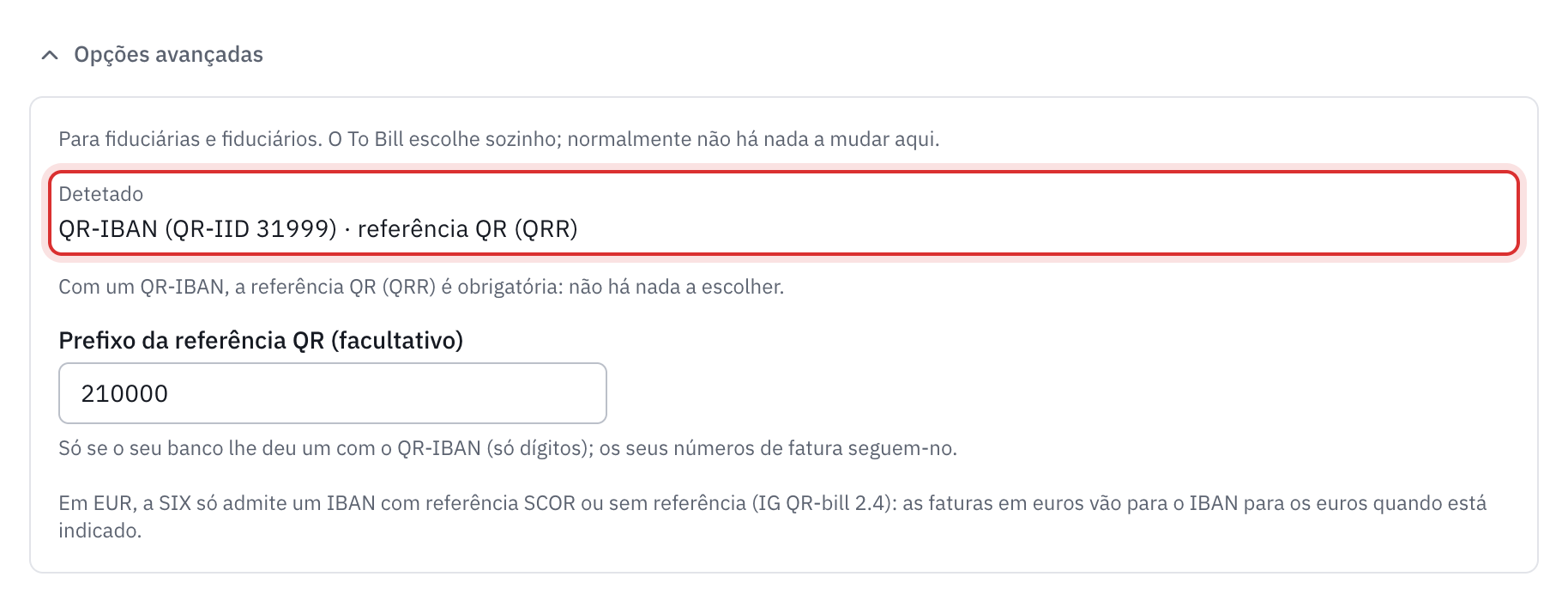 As opções avançadas abertas para um QR-IBAN: o tipo detetado QR-IBAN (QR-IID 31999) com a referência QR (QRR), o prefixo da referência QR e a regra dos euros.