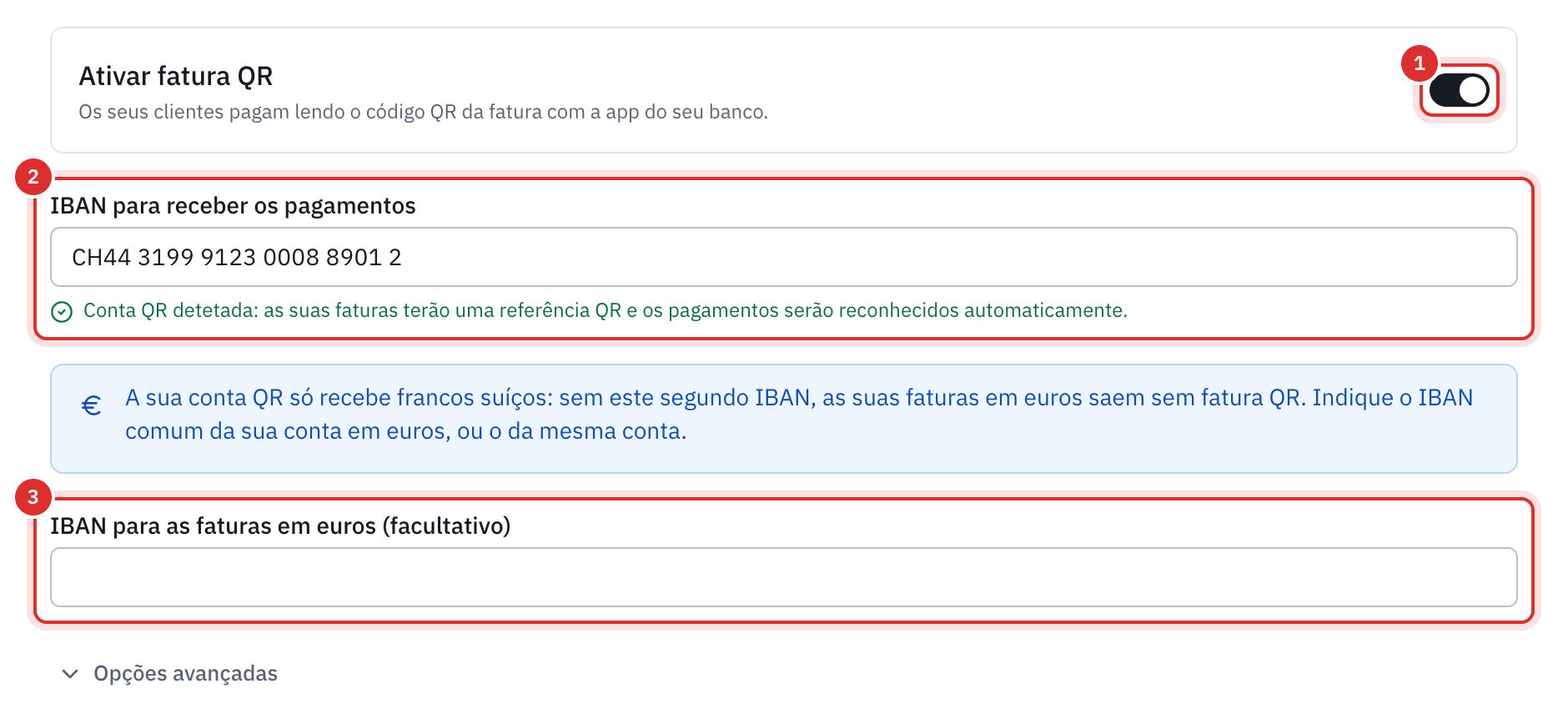 A secção Fatura QR das definições: o interruptor Ativar fatura QR, o QR-IBAN em IBAN para receber os pagamentos, a linha Conta QR detetada, a nota sobre os euros e o campo IBAN para as faturas em euros.