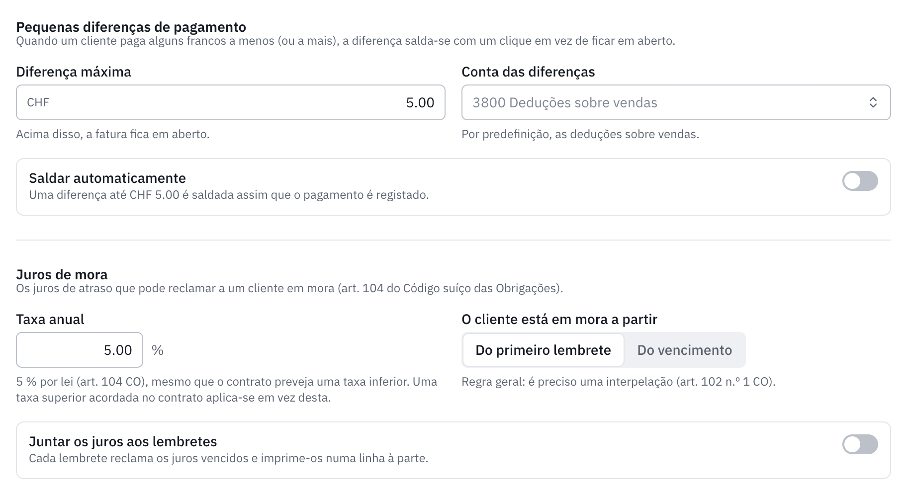 A secção Diferenças e juros de mora: as pequenas diferenças de pagamento, a taxa anual de 5 %, o início da mora no primeiro lembrete e a opção de juntar os juros aos lembretes.