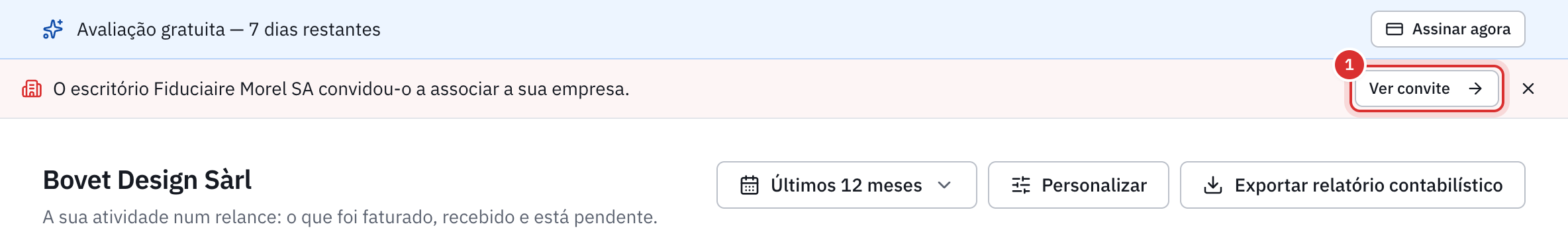 O painel do cliente com a faixa do convite do escritório e o botão Ver convite.