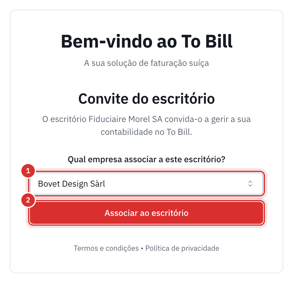 A página Convite do escritório: a escolha da empresa e o botão Associar ao escritório.