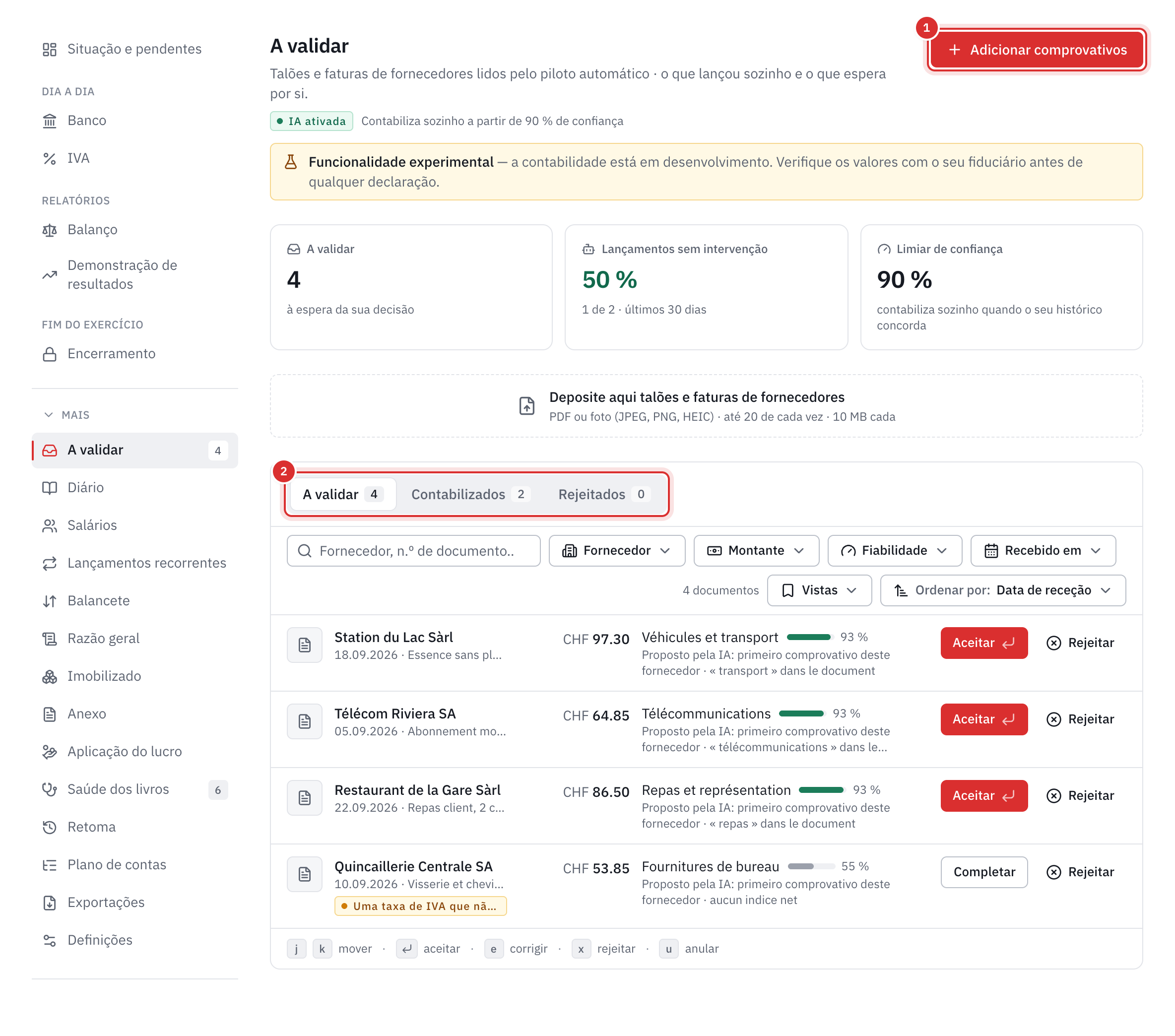 A página A validar: o botão Adicionar comprovativos, os contadores, a zona de carregamento e quatro comprovativos lidos, com a respetiva proposta e os botões Aceitar e Rejeitar.