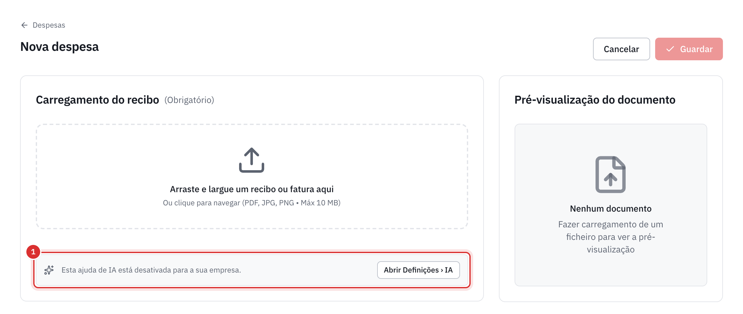 A página Nova despesa de uma empresa sem IA: por baixo da zona do recibo, a nota Esta ajuda de IA está desativada para a sua empresa, com o botão Abrir Definições, IA.