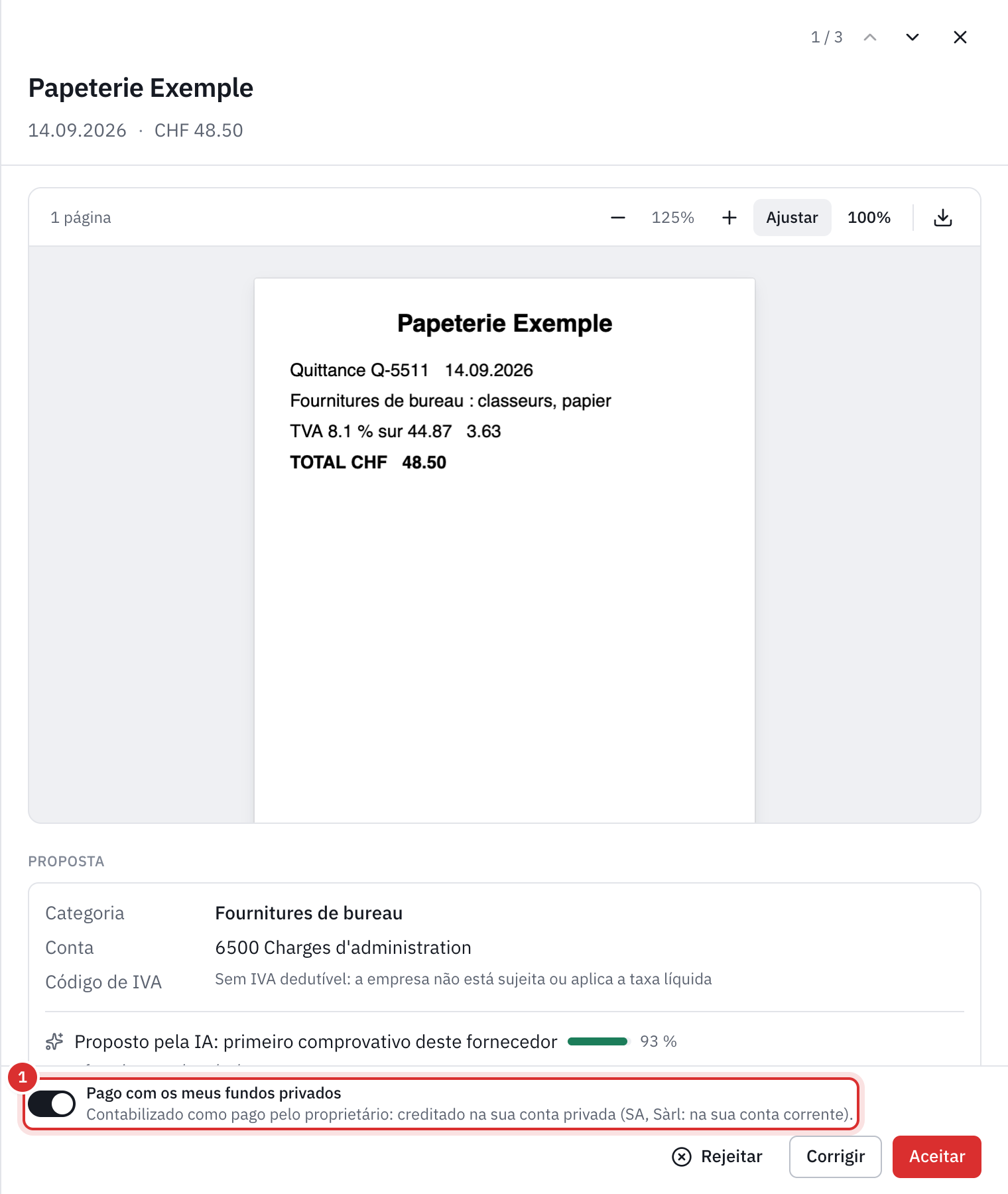 A ficha de um comprovativo da Papeterie Exemple em A validar: o recibo, a proposta Material de escritório, e no fundo o interruptor Pago com os meus fundos privados ativado, com os botões Rejeitar, Corrigir e Aceitar.