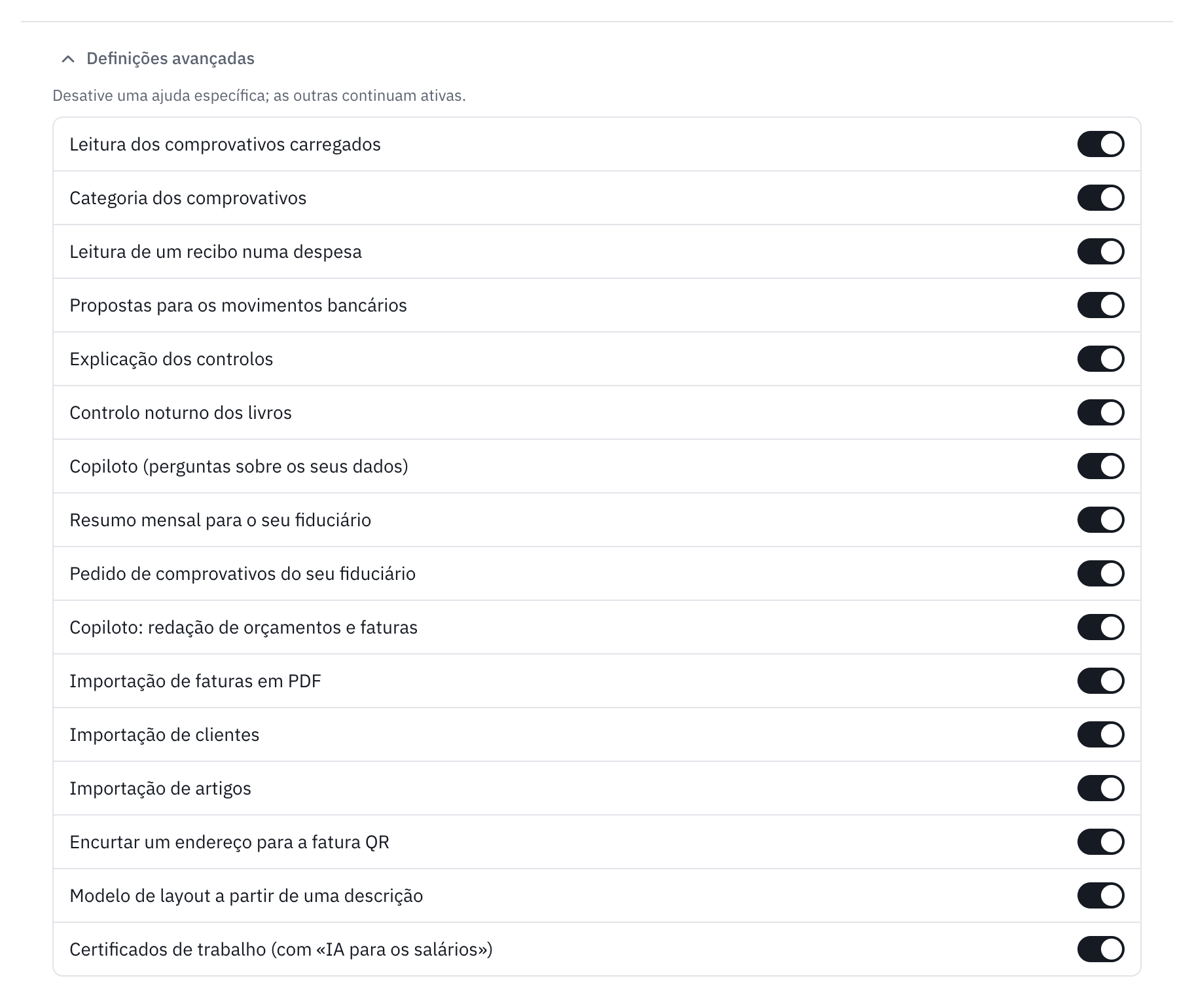 As definições avançadas da IA: um interruptor por ajuda, da leitura dos comprovativos carregados ao modelo de layout.
