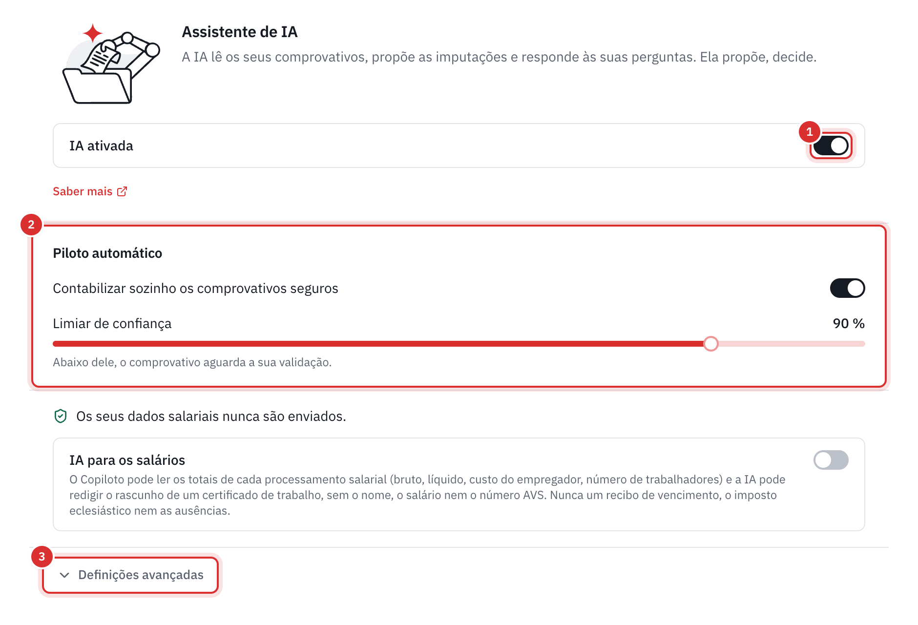 A página Definições, IA: o interruptor IA ativada, o piloto automático e a ligação Definições avançadas.