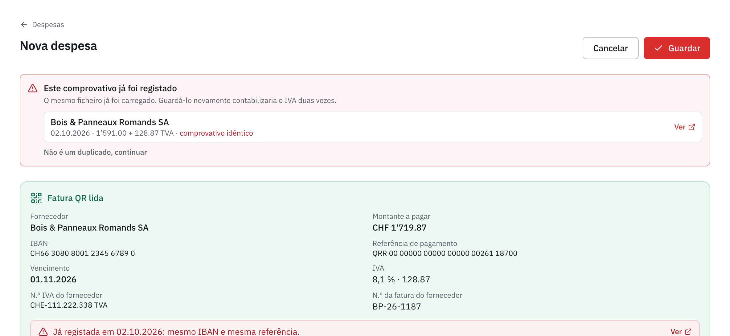O aviso Este comprovativo já foi registado, com a despesa existente e a ligação Ver e, por baixo, a fatura QR lida com a menção Já registada em 02.10.2026: mesmo IBAN e mesma referência.