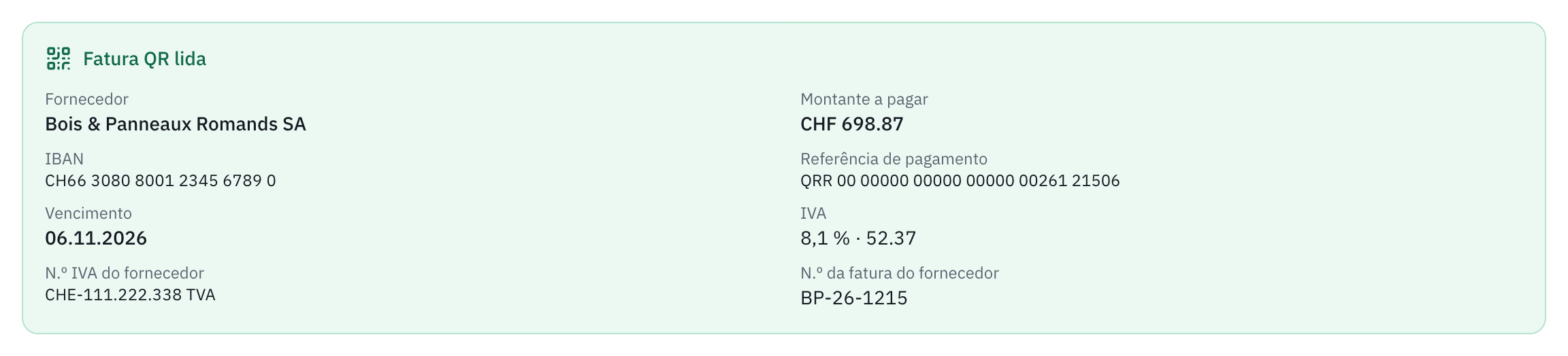 O quadro QR-bill lida: o fornecedor, o montante a pagar, o IBAN, a referência QR, o vencimento, o IVA a 8,1 %, o número de IVA e o número da fatura do fornecedor.