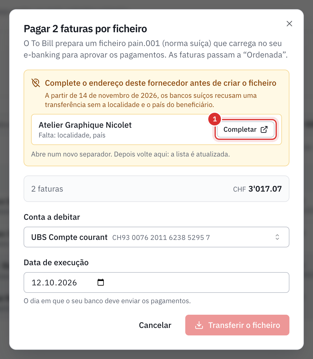 A janela de pagamento com o alerta Complete o endereço deste fornecedor antes de criar o ficheiro: Atelier Graphique Nicolet, falta a localidade e o país, com o botão Completar.