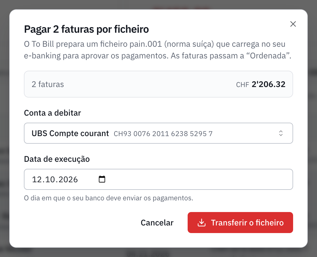 A janela Pagar 2 faturas por ficheiro: o total, a conta a debitar UBS conta corrente, a data de execução e o botão Transferir o ficheiro.