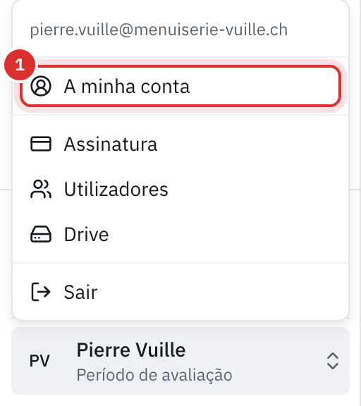 O menu da conta aberto no canto inferior esquerdo: o e-mail, A minha conta, Assinatura, Utilizadores, Drive e Sair.