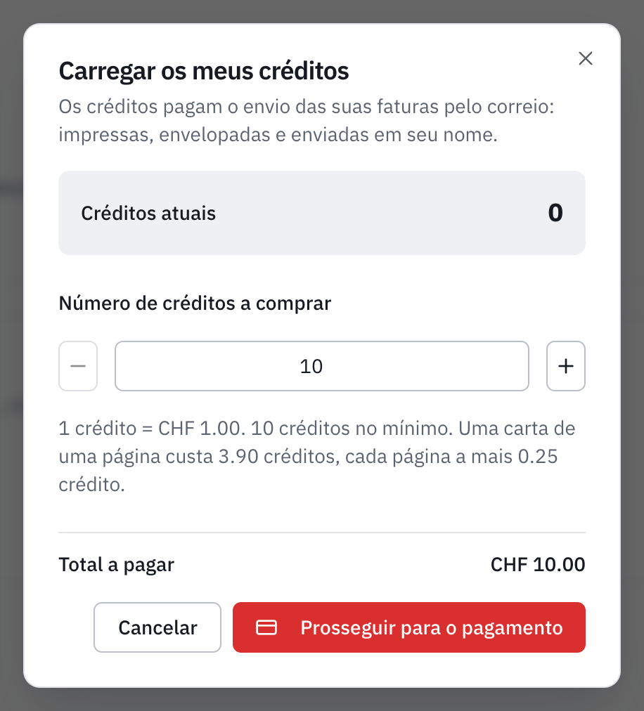 A janela Carregar os meus créditos: para que servem os créditos (o envio das faturas pelo correio), os créditos atuais, o número a comprar, a tarifa com o mínimo de 10 créditos e o preço de uma carta, e o total a pagar de CHF 10.00.