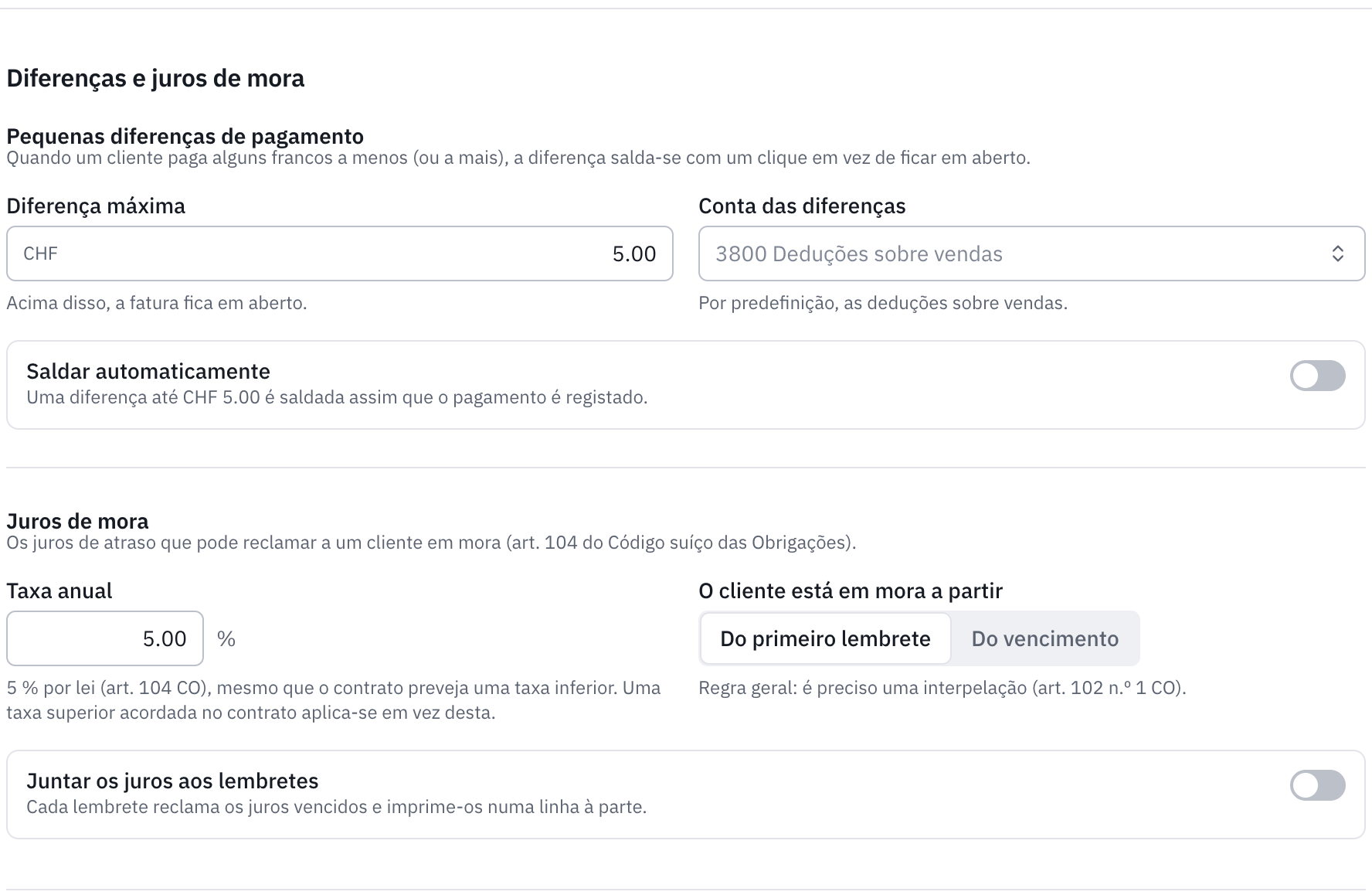 A parte Diferenças e juros de mora: a diferença máxima, a conta das diferenças, a taxa anual e o início da mora.