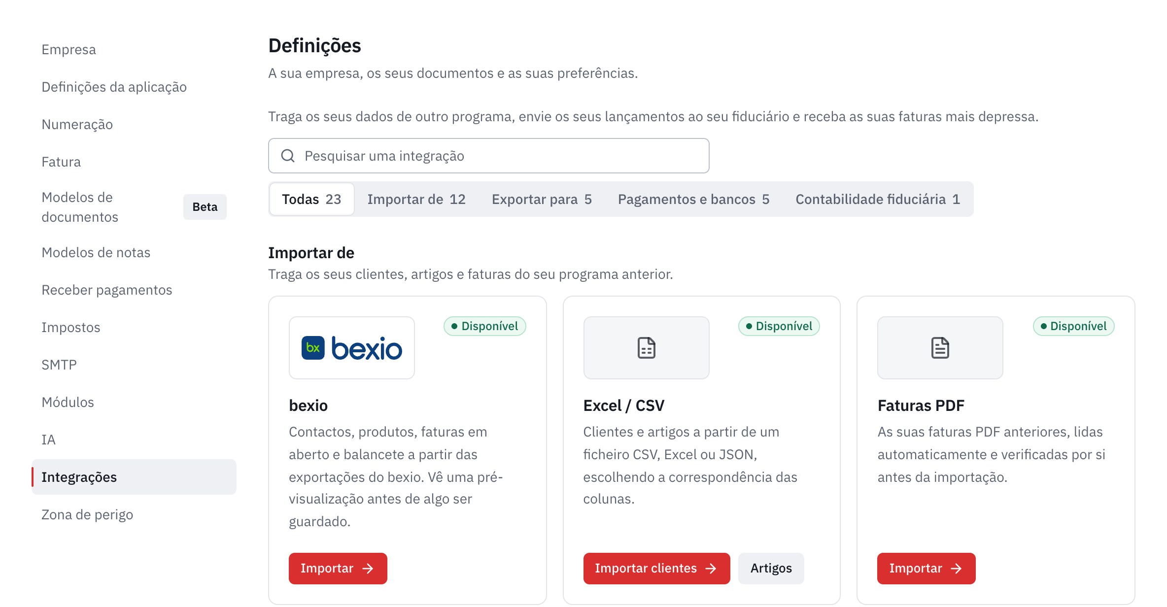 O separador Integrações das definições: a pesquisa, as categorias e os cartões bexio, Excel / CSV e Faturas PDF.