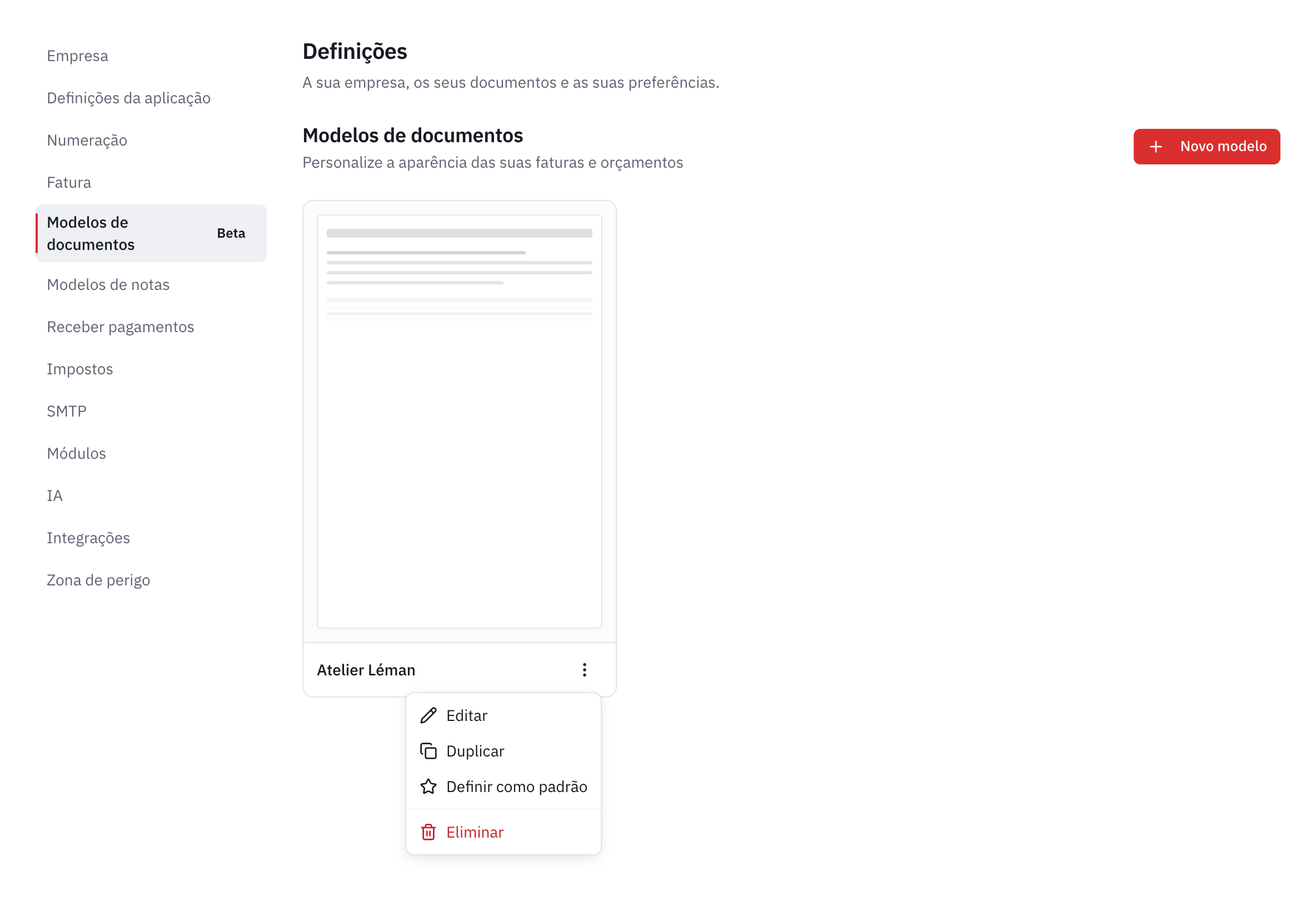 A lista dos modelos de documentos, com o menu de um modelo aberto: Editar, Duplicar, Definir como padrão, Eliminar.