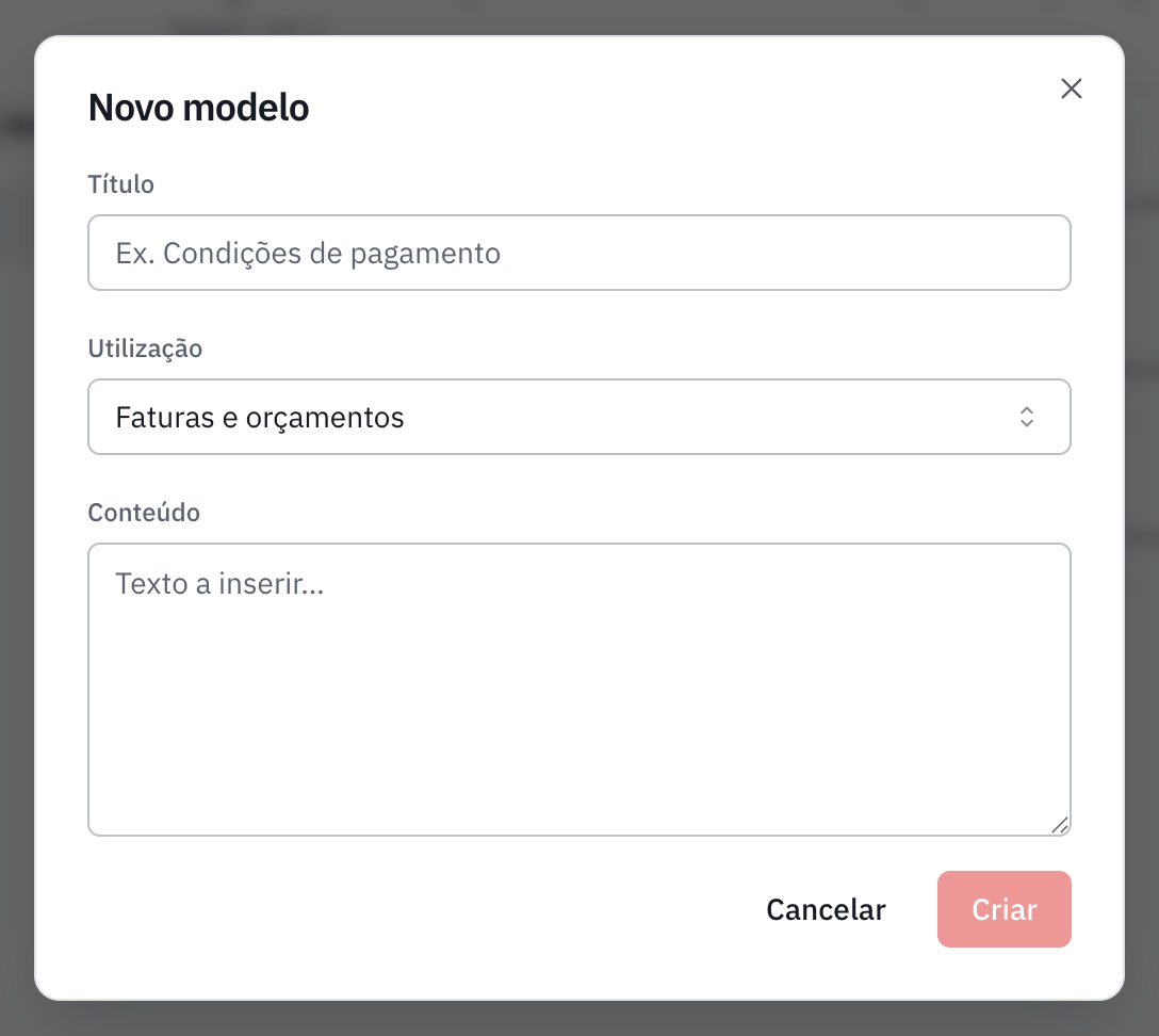 A janela Novo modelo: o título, a utilização e o conteúdo da nota.