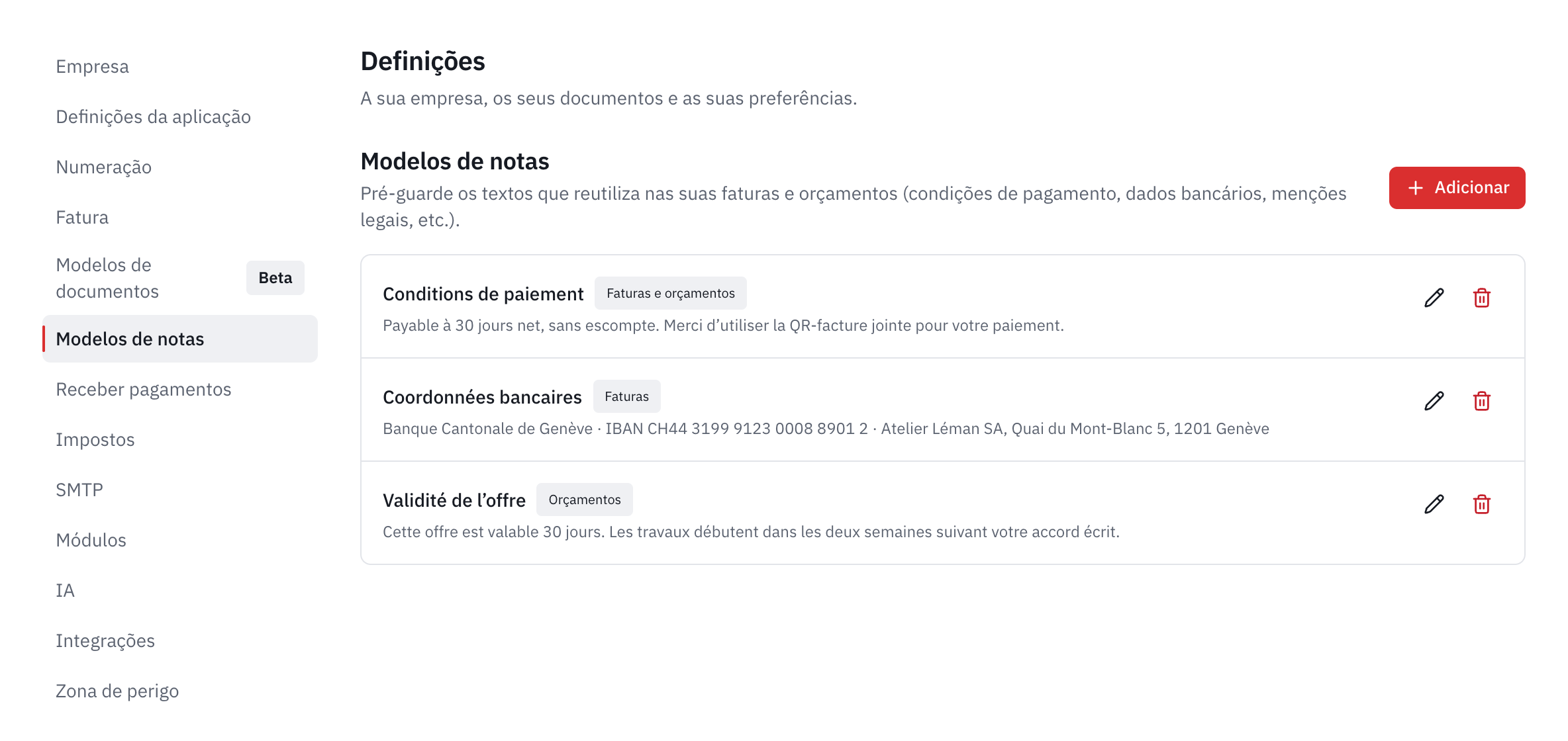 A lista dos modelos de notas: condições de pagamento, dados bancários e validade da proposta, com a respetiva utilização.