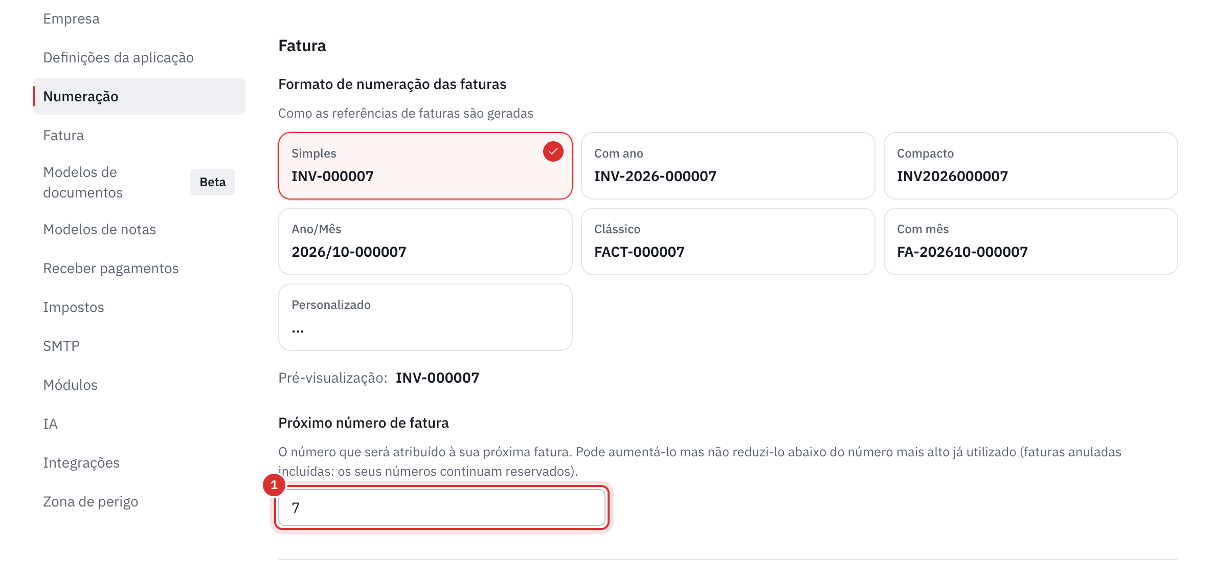 A parte Fatura: os formatos de numeração das faturas e o campo Próximo número de fatura.