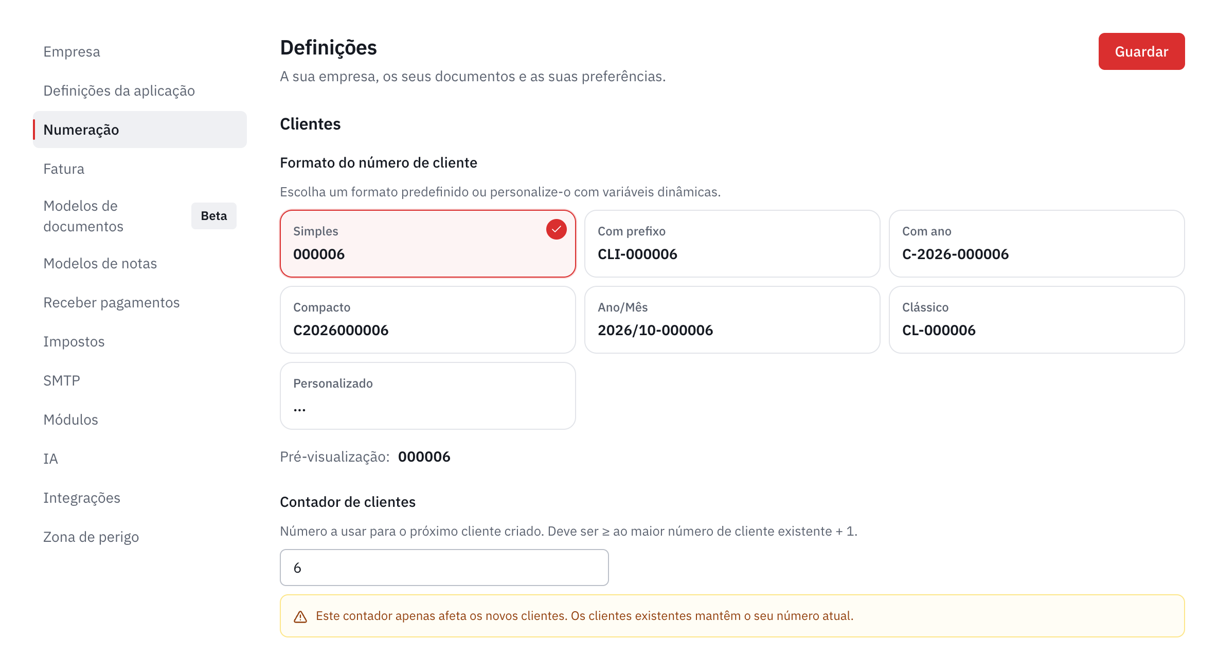 A parte Clientes da numeração: os formatos propostos, a pré-visualização e o contador de clientes.