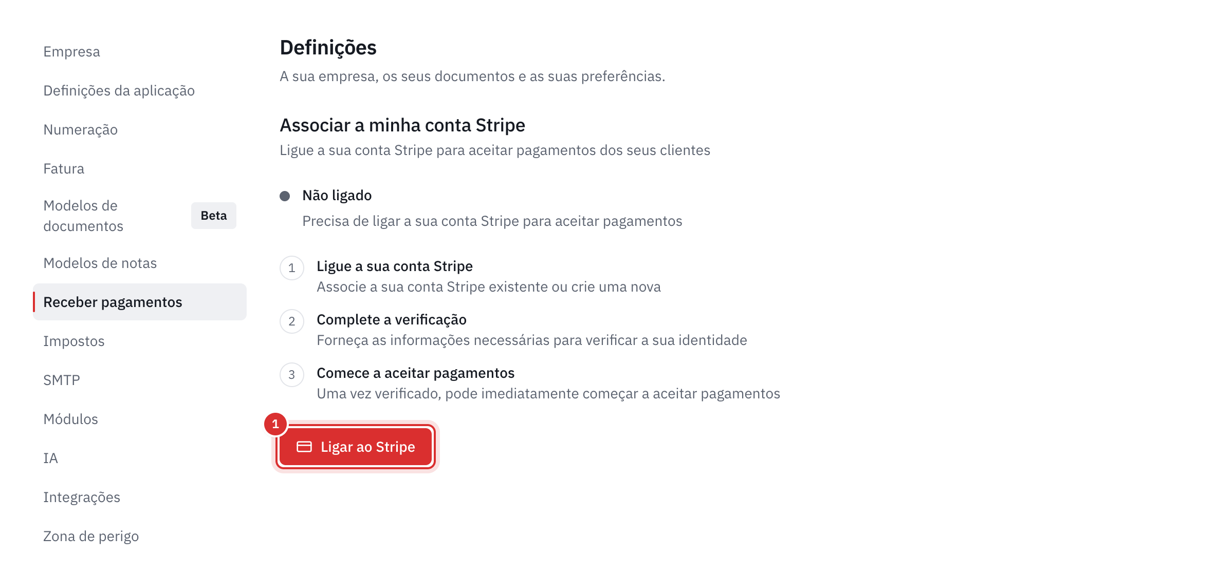 O separador Receber pagamentos: o quadro Não ligado, as três etapas e o botão Ligar ao Stripe.