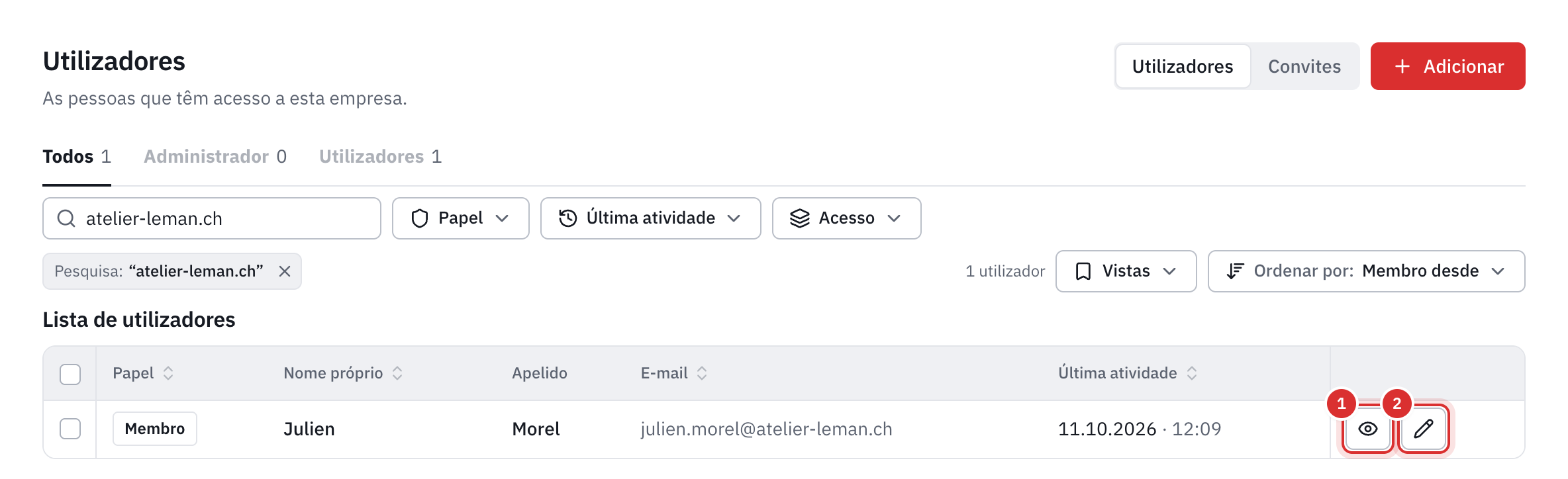 A lista dos utilizadores: o papel, o nome próprio, o apelido, o e-mail e a última atividade de cada um, com os botões Detalhes e Editar.
