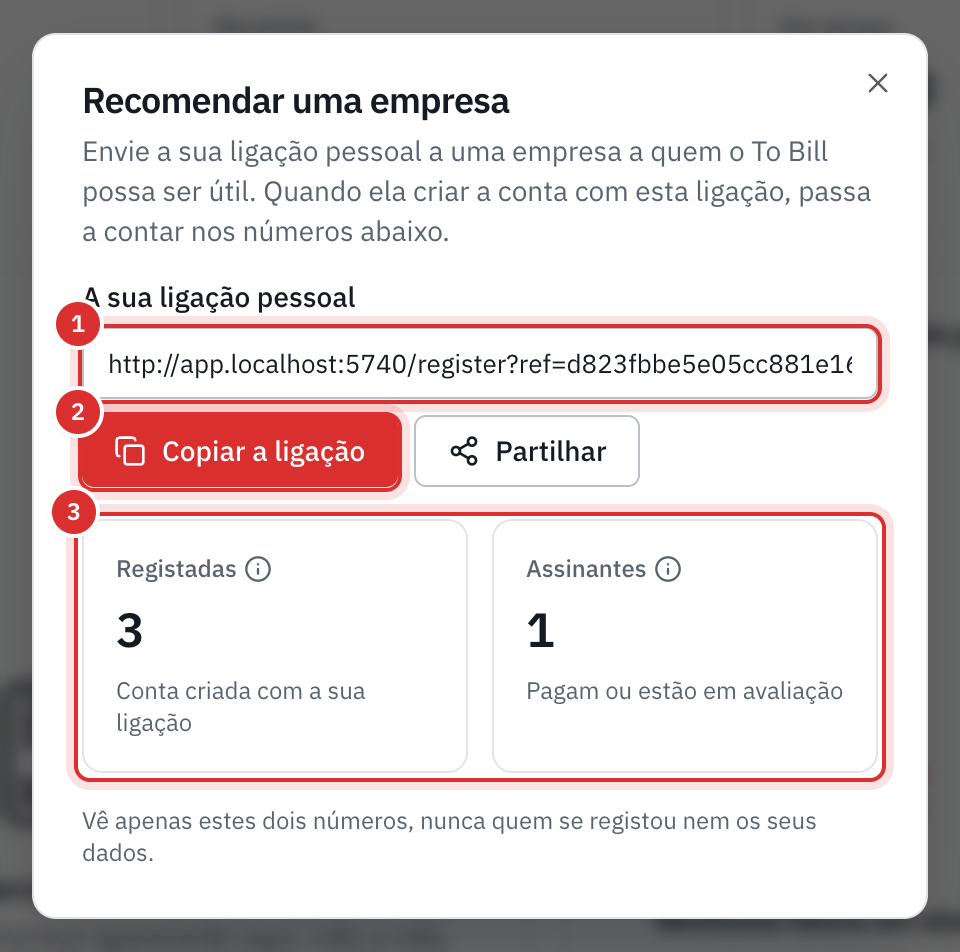 A janela Recomendar uma empresa: a ligação pessoal, os botões Copiar a ligação e Partilhar e, por baixo, os contadores Registadas e Assinantes.