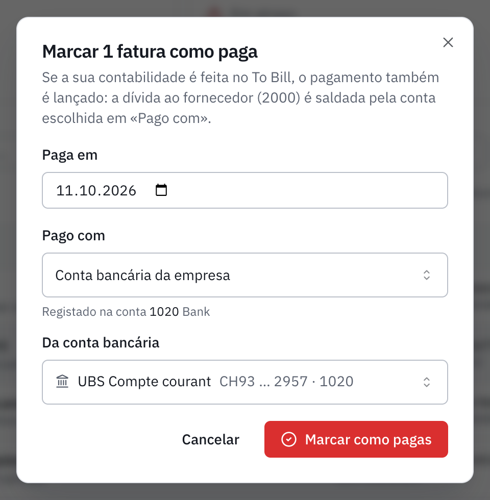 A janela para marcar 1 fatura como paga: a data de pagamento, Pago com Conta bancária da empresa, registado na conta 1020, e a conta bancária UBS conta corrente.