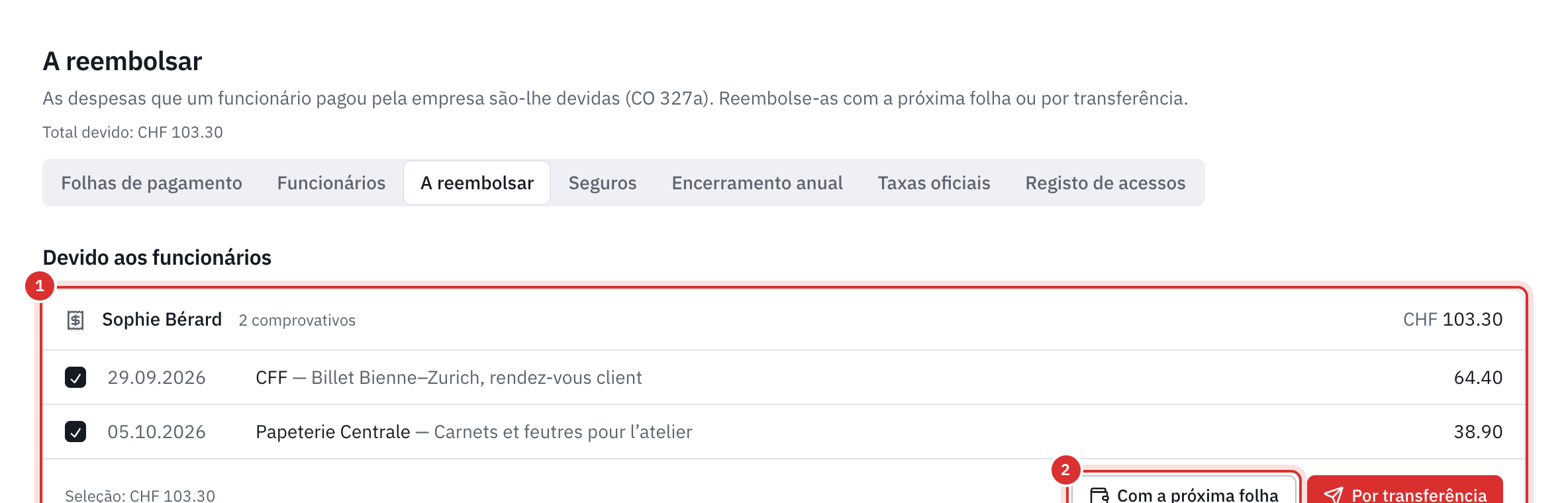 A página A reembolsar: em Devido aos funcionários, duas despesas adiantadas por Sophie Bérard, assinaladas, com os botões Com a próxima folha e Por transferência.