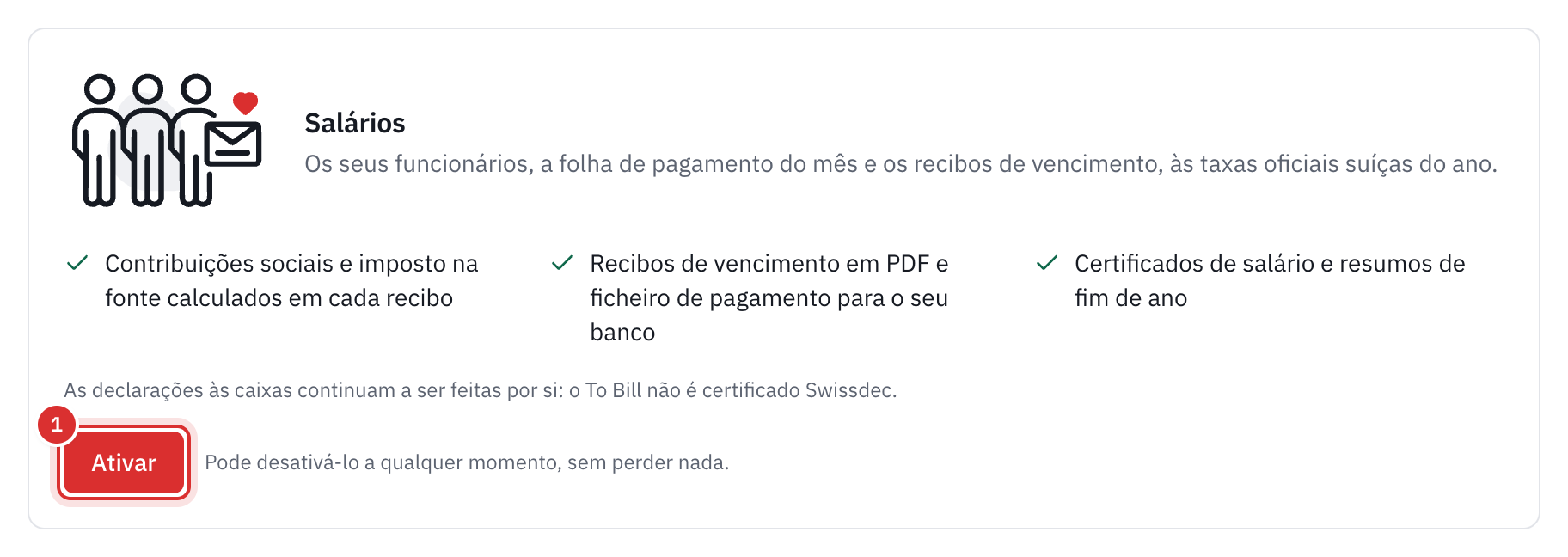 O cartão Salários em Definições, Módulos: o que o módulo faz, a menção Swissdec e o botão Ativar.