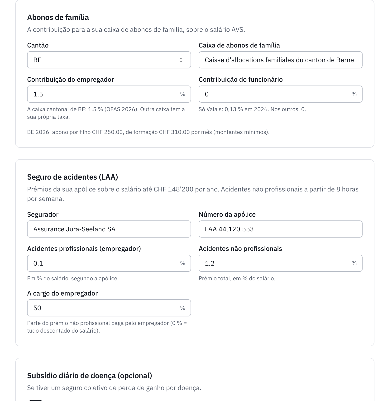 As secções Abonos de família e Seguro de acidentes (LAA): cantão, caixa, taxas do empregador e do funcionário, prémios da apólice.
