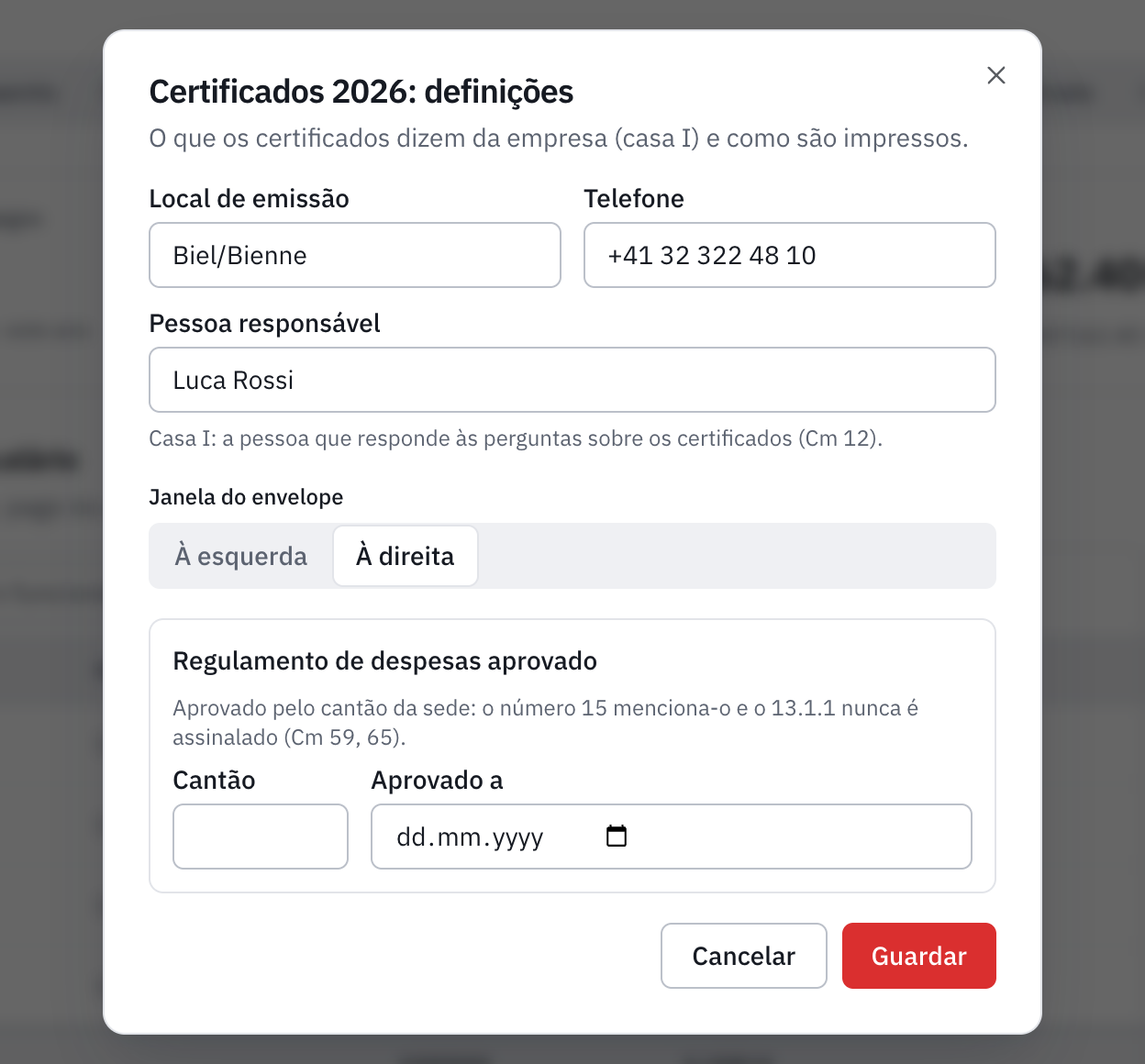 A janela Certificados 2026: definições: local de emissão, telefone, pessoa responsável, janela do envelope e regulamento de despesas aprovado.