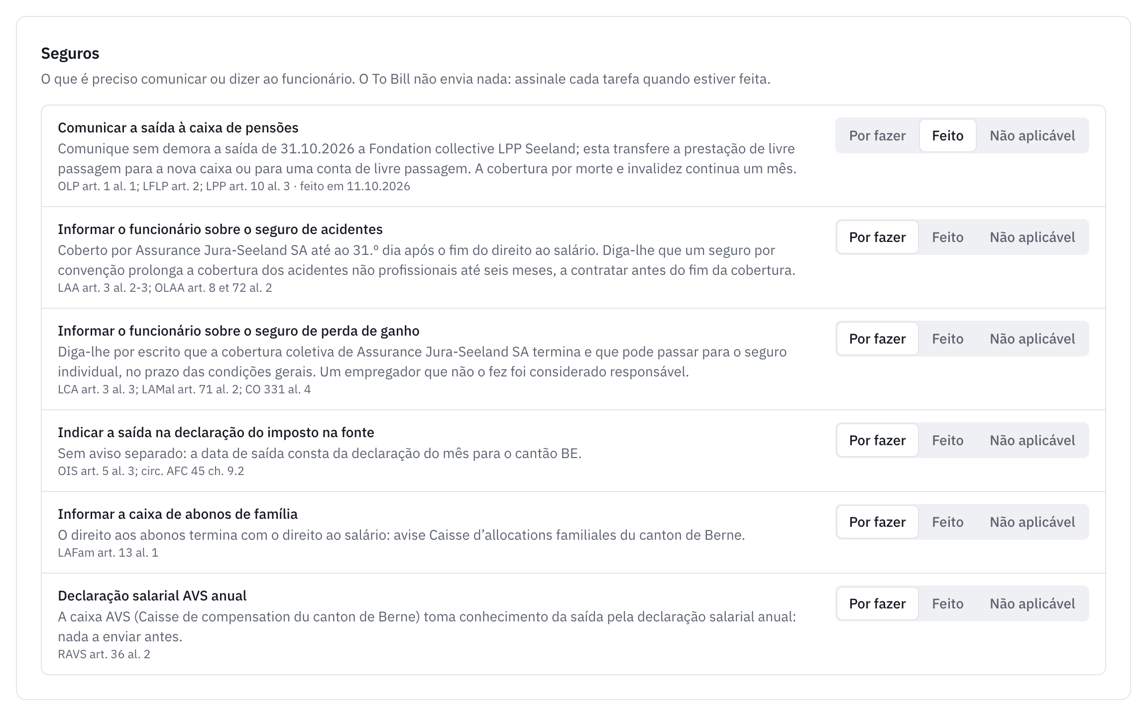 Os seguros da saída: seis tarefas, desde a comunicação à caixa de pensões, marcada Feito, até à declaração salarial AVS anual, cada uma com Por fazer, Feito e Não aplicável.