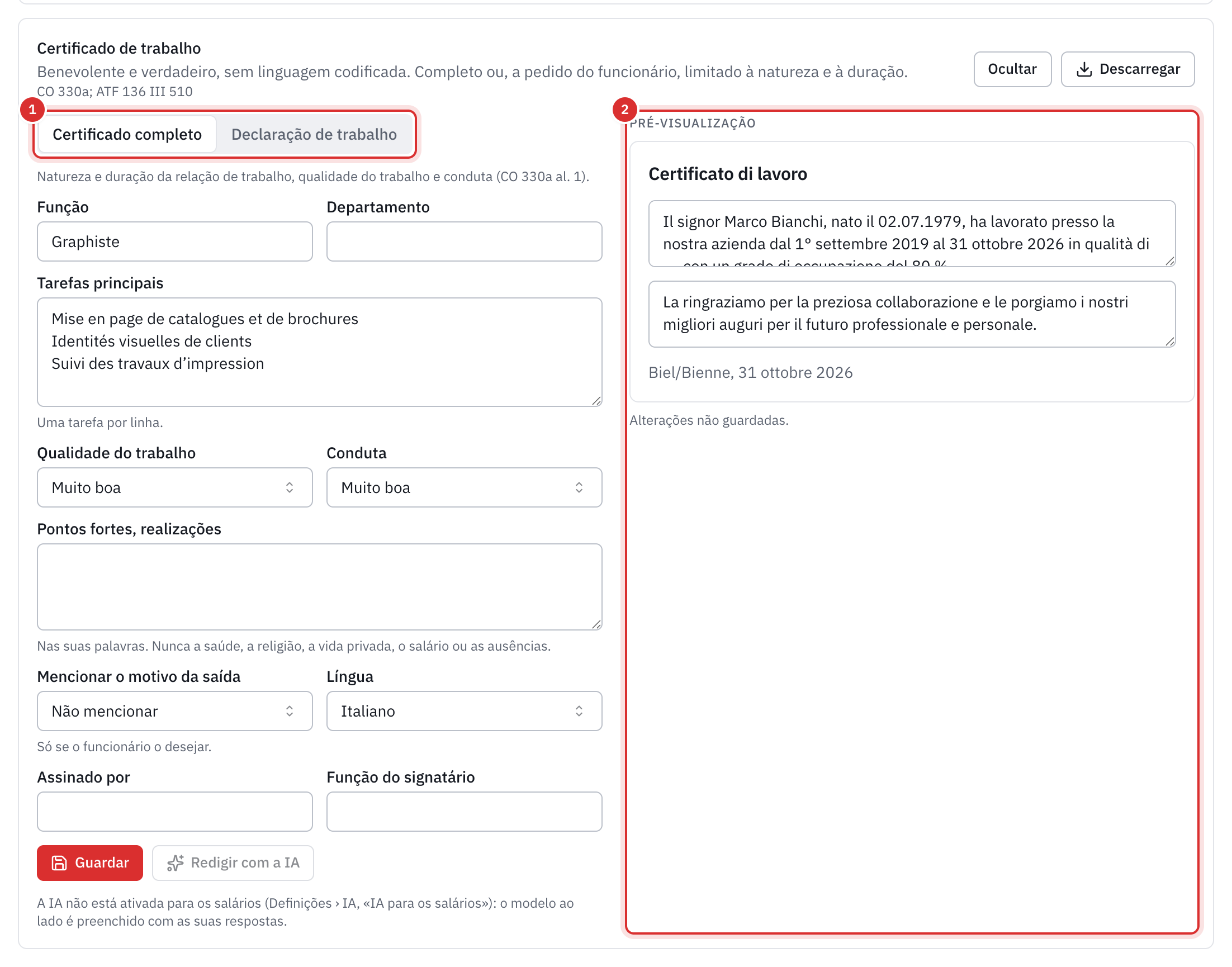 O certificado de trabalho em redação: o tipo Certificado completo, a função, as tarefas, a qualidade do trabalho e a conduta, com a pré-visualização do certificado em italiano ao lado.