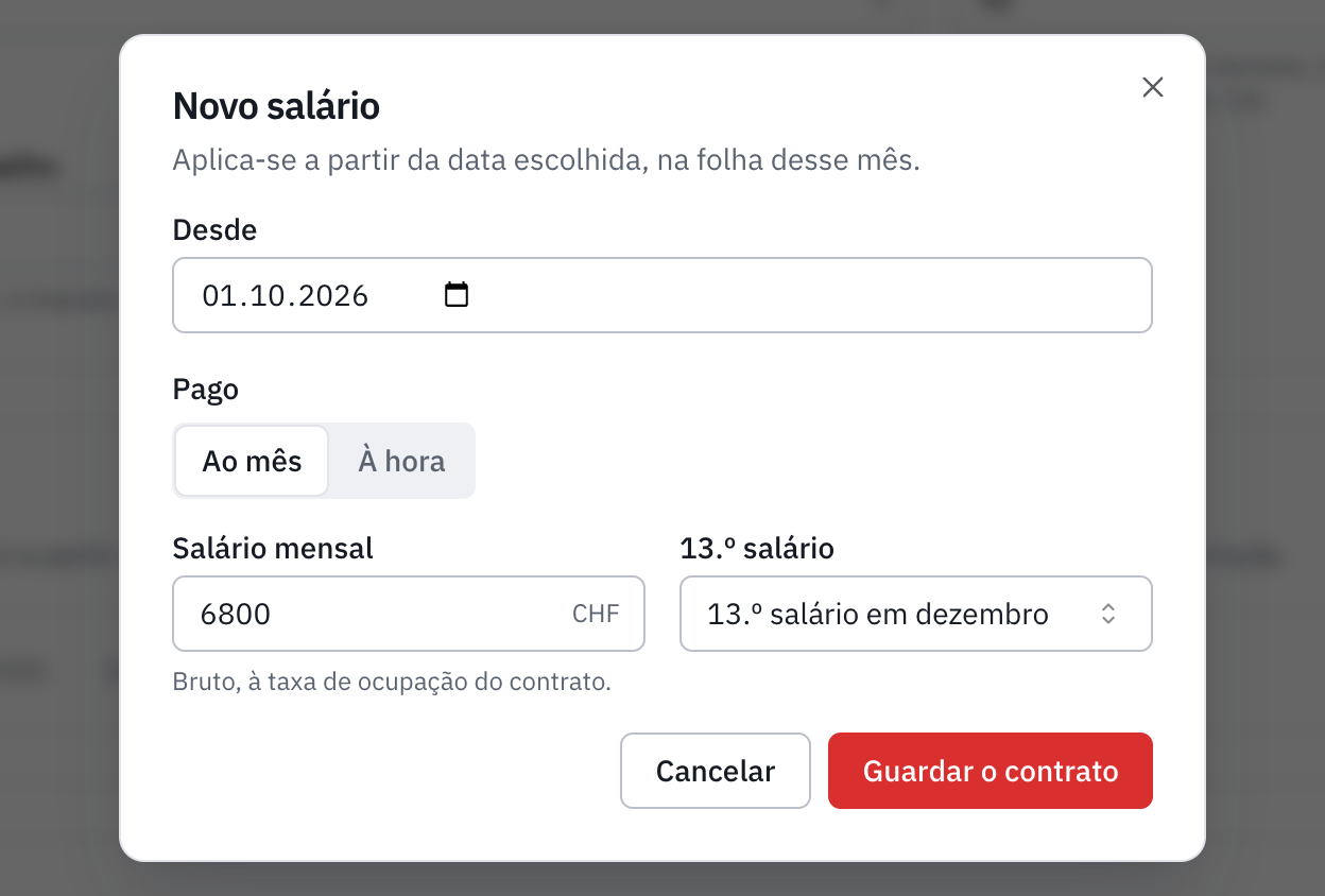A janela Novo salário: a data de efeito, o salário mensal e o 13.º salário.