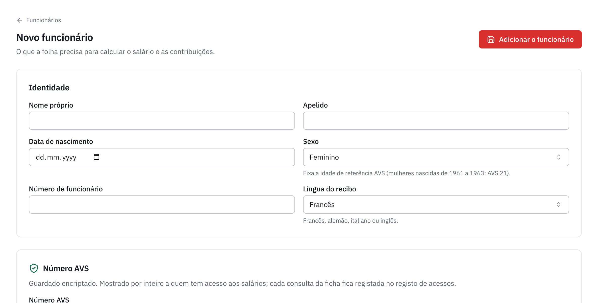 O formulário de novo funcionário: as secções Identidade e Número AVS.