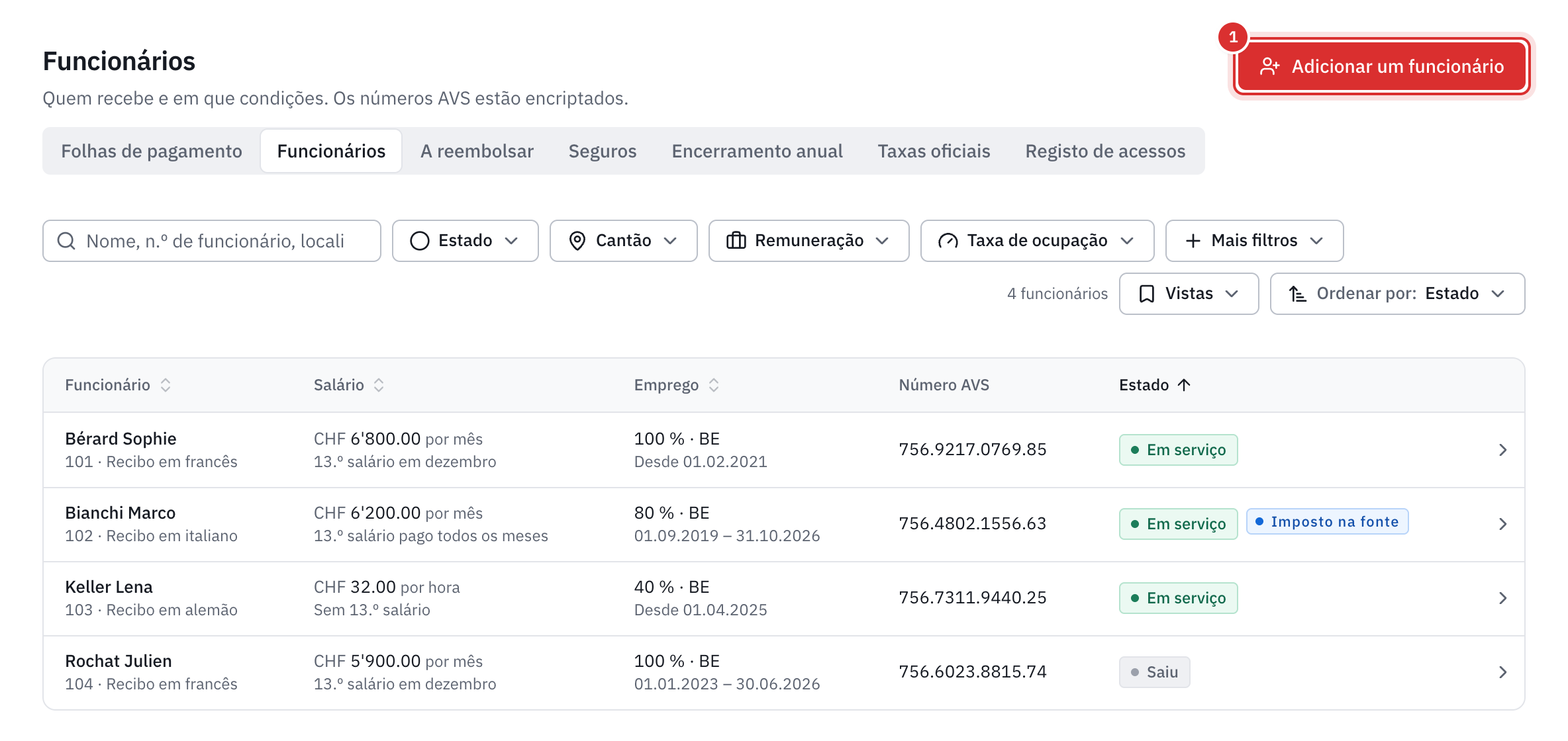 A lista dos funcionários: salário, emprego, número AVS completo e estado, com o botão Adicionar um funcionário.