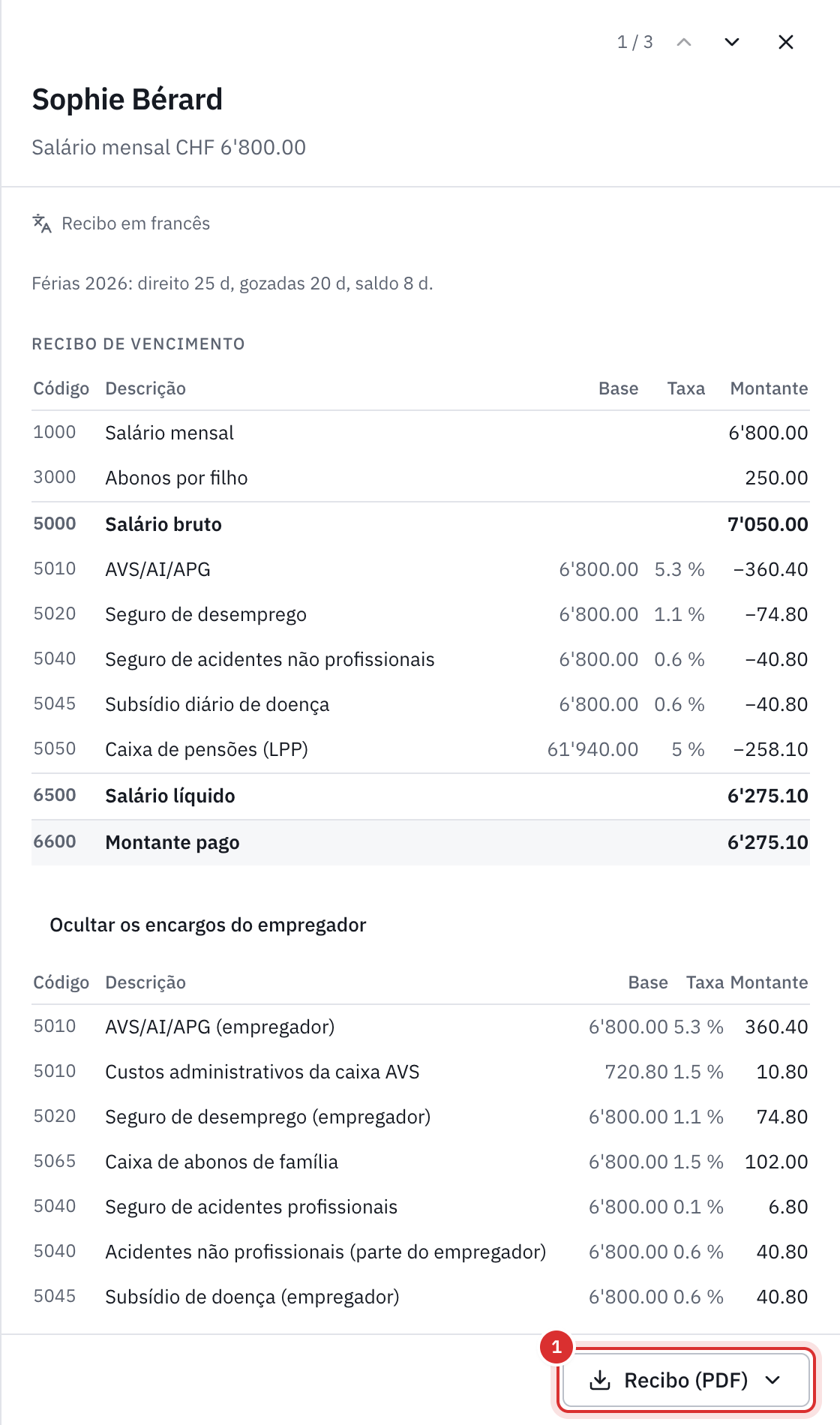 O recibo de vencimento de uma funcionária na folha de pagamento: as linhas de salário, os descontos, o líquido e os encargos do empregador.