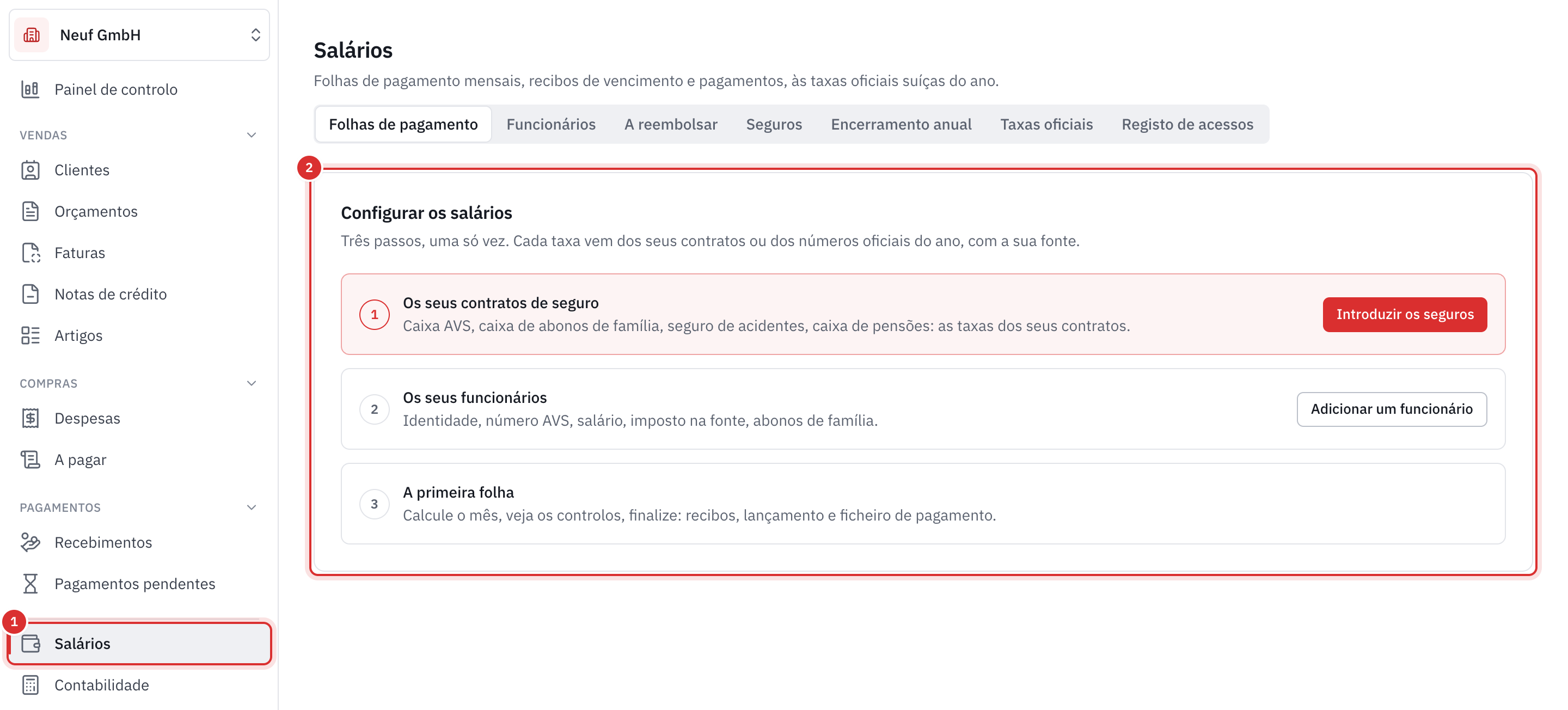 A página Salários de uma empresa que acabou de ativar o módulo: o menu Salários e os três passos de configuração.