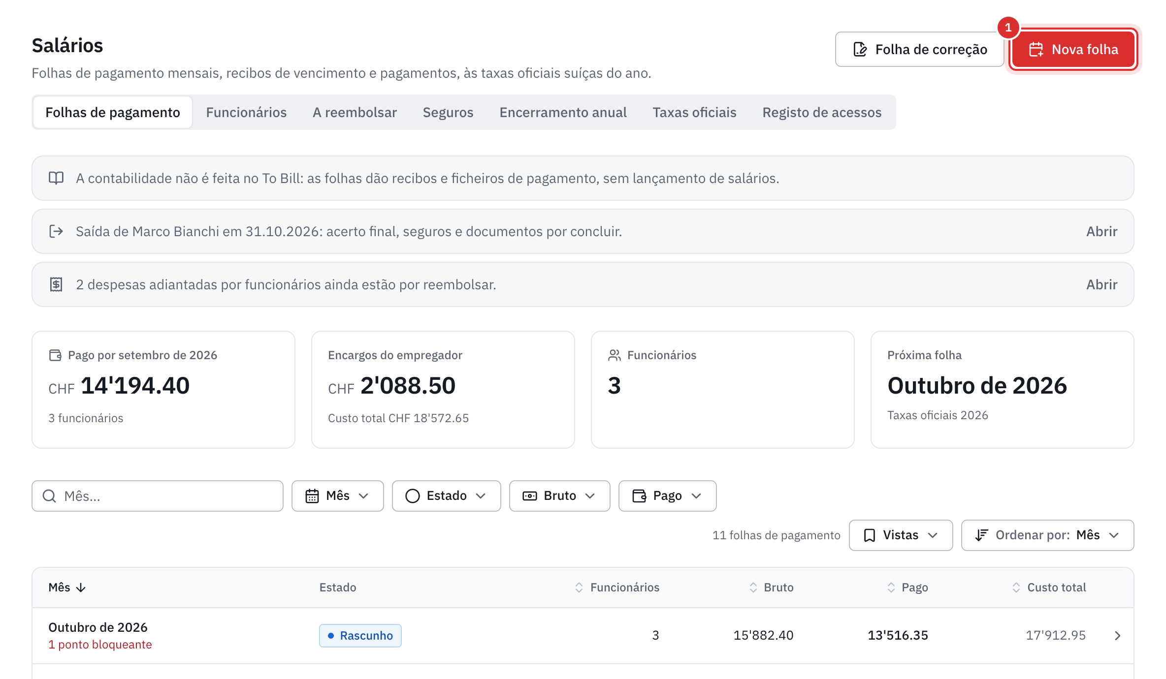 A página Salários: os números do último mês pago, a próxima folha e a lista das folhas de pagamento, com o botão Nova folha.